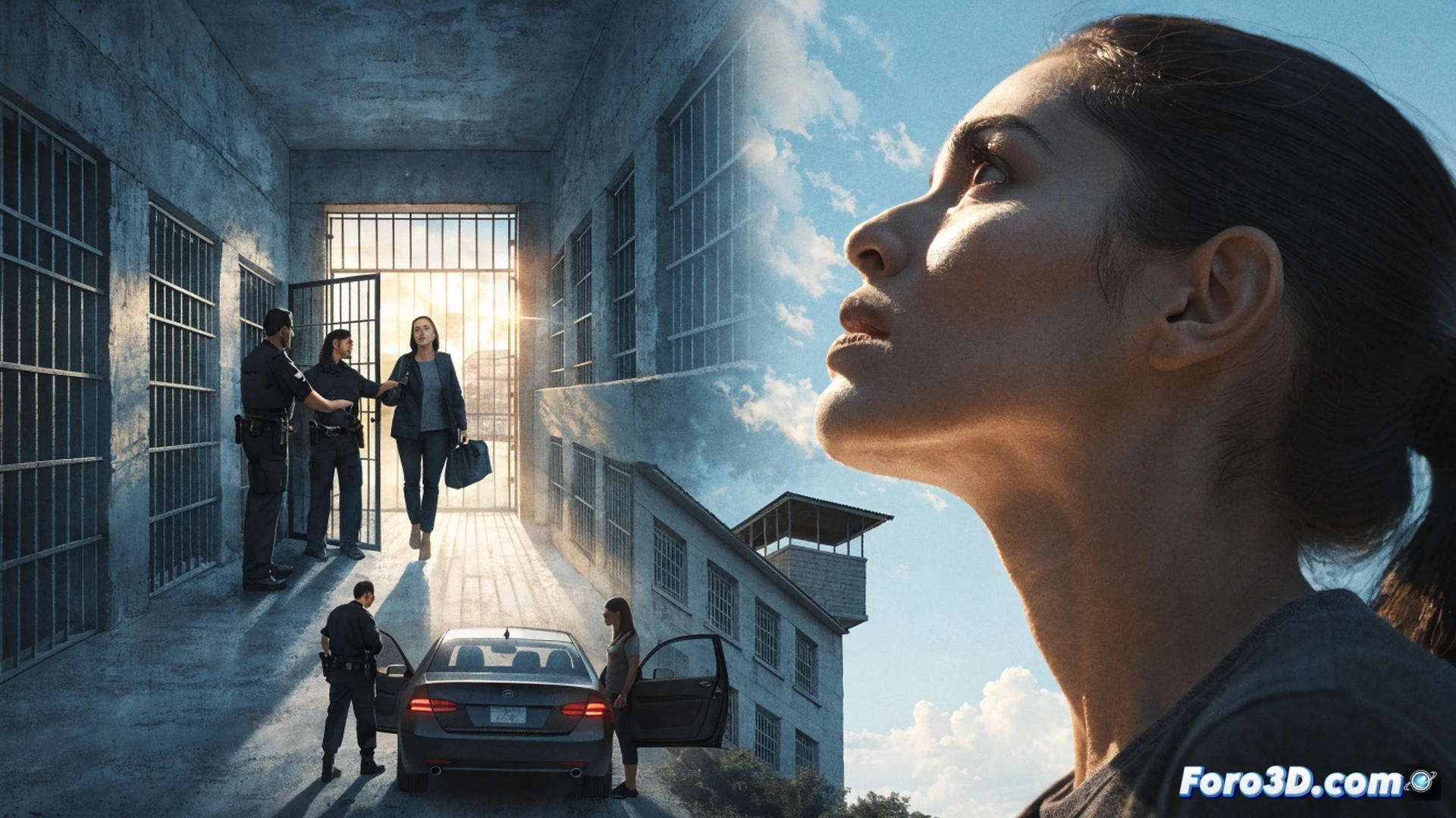 photorealistic scene of a woman walking through a heavy metal prison gate that swings open, sunlight streaming into a dark cell corridor, her hands free from handcuffs, a broken chain on the floor, a Venezuelan and Spanish flag pinned on a guard booth in background, security cameras with red blinking lights monitoring the empty hallway, concrete walls with peeling paint, dramatic contrast between shadow and light, cinematic composition, deep shadows, hopeful atmosphere, ultra-detailed textures, engineering-style lighting emphasizing the open gate mechanism and lock, technical visualization of freedom process
