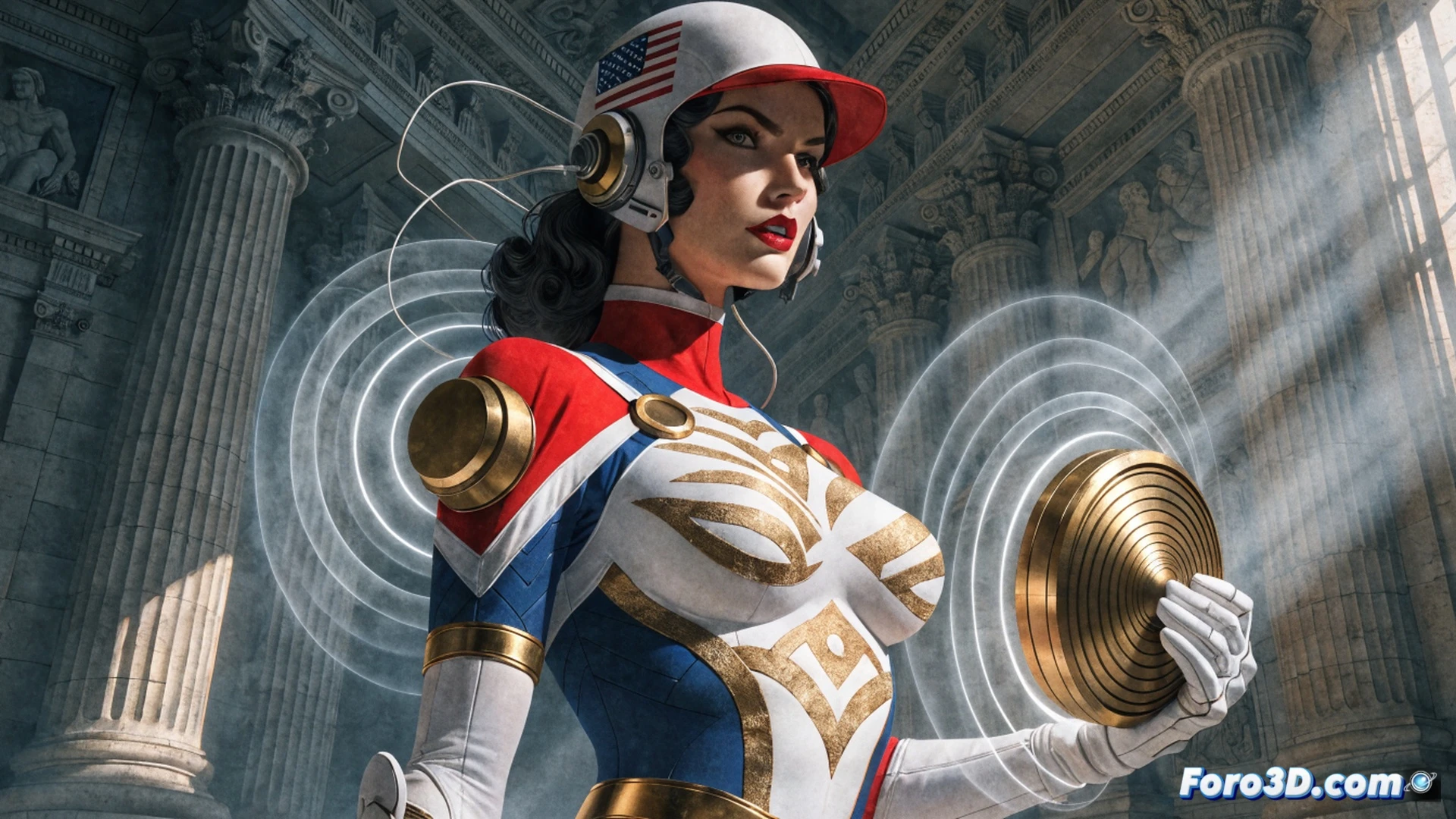 Golden Age superheroine Liberty Belle mid-action in a 1940s city street, wearing a red-white-blue costume with a special belt emitting visible sound wave rings, converting sonic vibrations into glowing force energy around her fists while punching a crumbling concrete wall, vintage comic book art style with halftone dots, dramatic dynamic pose, dust debris and motion lines, cinematic lighting casting long shadows, retro patriotic color palette, photorealistic comic panel render, hyperdetailed fabric textures and metallic belt components