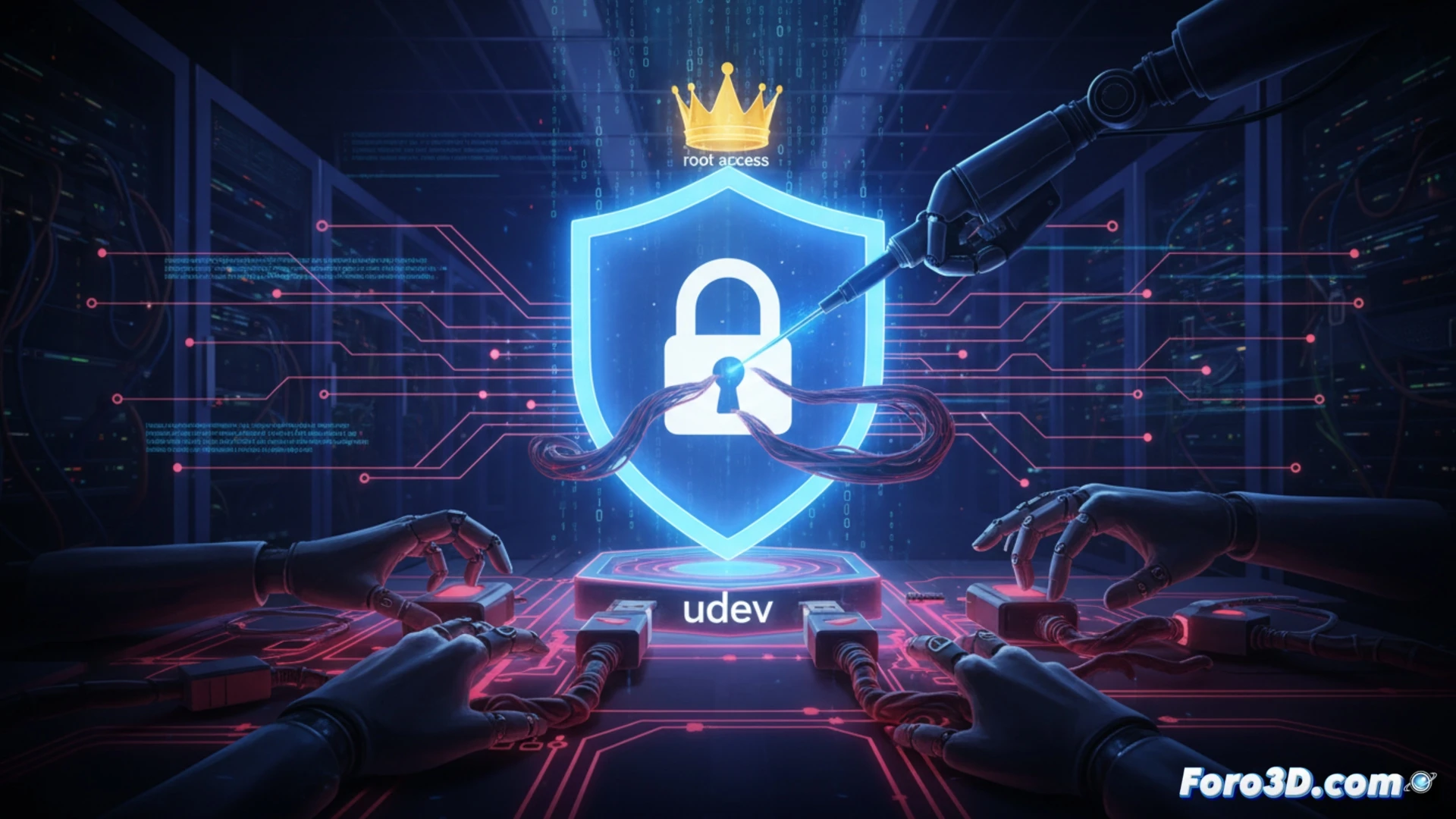 Linux input device vulnerability exploit scene, fake USB peripheral being plugged into computer port, malicious code injection process visualized as glowing red data streams flowing from device to motherboard, udev system being bypassed with root access granted icon, libinput library error highlighted with broken security chain symbol, cinematic technical illustration style, dark cyberpunk laboratory setting, holographic kernel error messages floating in air, circuit board traces glowing orange under attack, metallic USB connector with tampered chip visible, dramatic side lighting, photorealistic engineering visualization, ultra-detailed hardware components