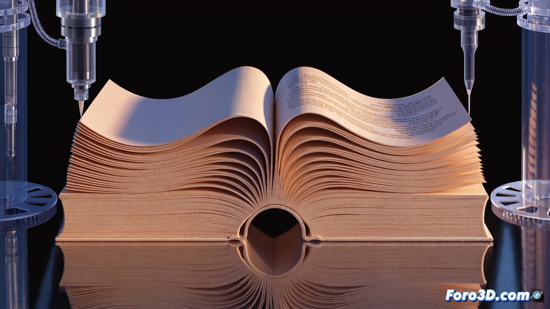 3D printer nozzle extruding a single continuous book form layer by layer, pages and spine fused seamlessly without binding, robotic arm moving precisely during fabrication, translucent filament glowing orange mid-print, holographic blueprint of the book structure floating above the printer, technical engineering visualization, metallic printer frame with visible gears and cooling fans, ultra-detailed mechanical components, dramatic studio lighting with soft shadows, photorealistic render, clean industrial background