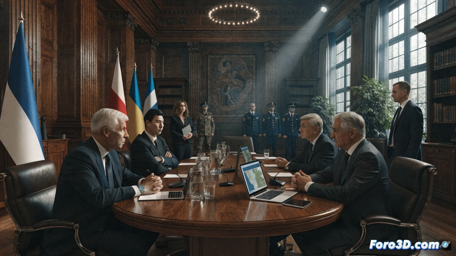 Eastern European leaders gathered around a circular wooden table in a high-tech bunker meeting room, holographic NATO defense maps floating above the surface showing Baltic Sea borders and missile trajectories, Polish president Nawrocki pointing at a glowing red zone near Ukraine while Romanian and Baltic counterparts lean forward examining digital threat analysis, a separate smaller screen displaying faded archival photo of 1940s military unit insignia creating visible tension, polished metal coffee cups and encrypted tablets on table, cinematic photorealistic style, cool blue and warm amber lighting, serious diplomatic atmosphere, hyper-detailed facial expressions, modern command center architecture