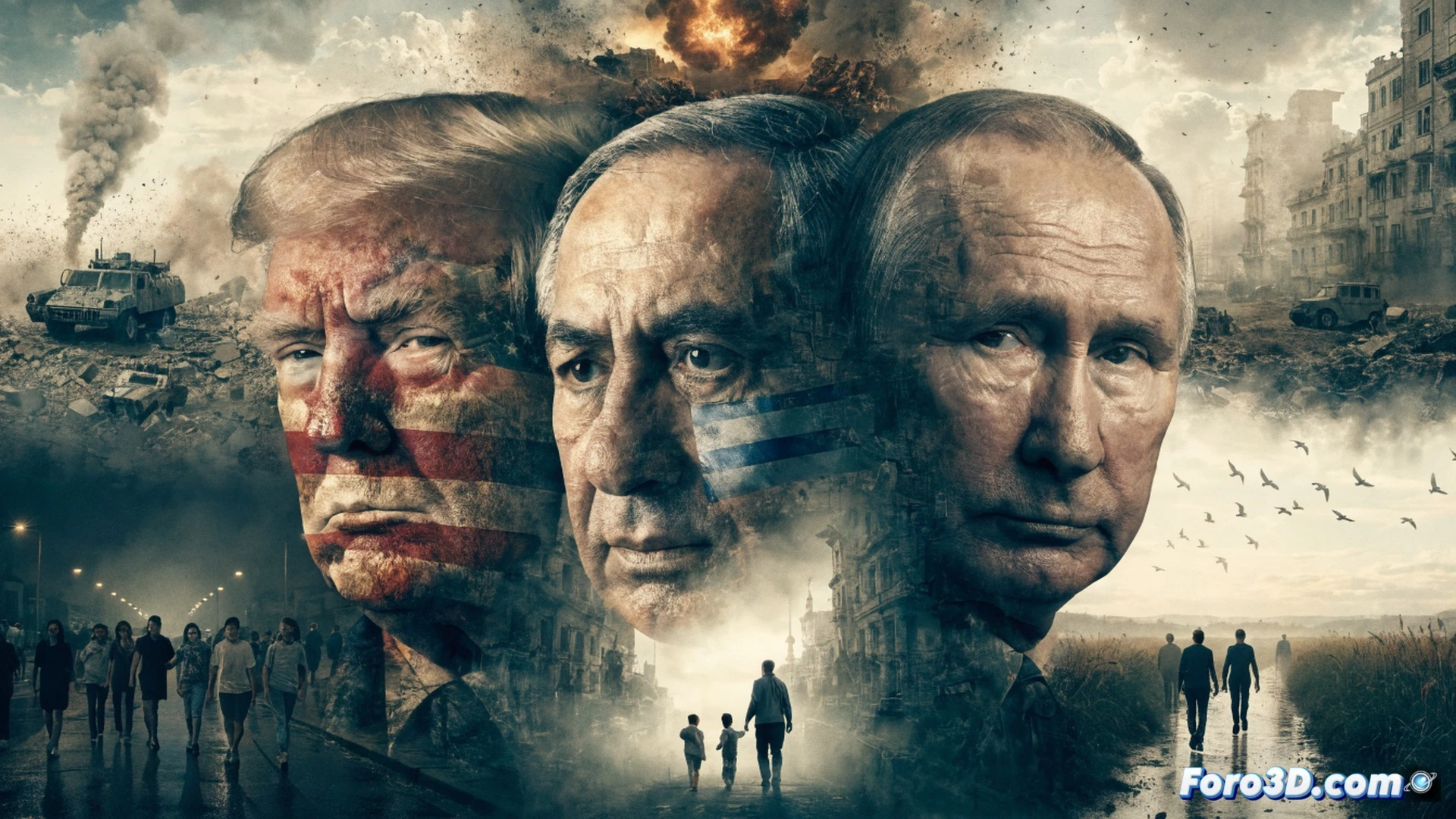 three political leaders standing on a crumbling podium, each holding a leaking hourglass while a massive war map burns behind them, citizens below carrying hospital beds and school desks being dragged toward a giant cannon, smoke and shadows consuming the landscape, cinematic photorealistic rendering, dramatic chiaroscuro lighting, cracked concrete ground, military equipment mixed with civilian debris, exhausted figures pulling heavy chains, distant explosion silhouettes, ultra-detailed textures on worn uniforms and rusted metal, wide-angle composition emphasizing scale of sacrifice, technical illustration style with realistic material wear