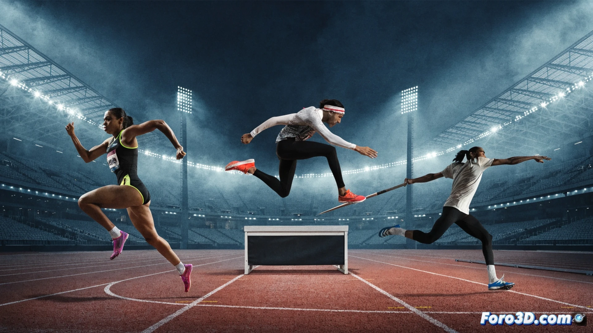 three athletes in explosive action on a luminous blue track under floodlights, Marileidy Paulino mid-stride in a 400m curve with intense muscle definition and motion blur, Soufiane El Bakkali clearing a water barrier in steeplechase with spray droplets frozen in air, Rumesh Tharanga releasing a javelin at peak extension with visible launch angle trajectory lines, stadium architecture with geometric shadow patterns, cinematic photorealistic style, dramatic golden-hour lighting, high-speed freeze-frame effect, technical athletic biomechanics visualization, shallow depth of field isolating each figure, dynamic composition with diagonal motion vectors