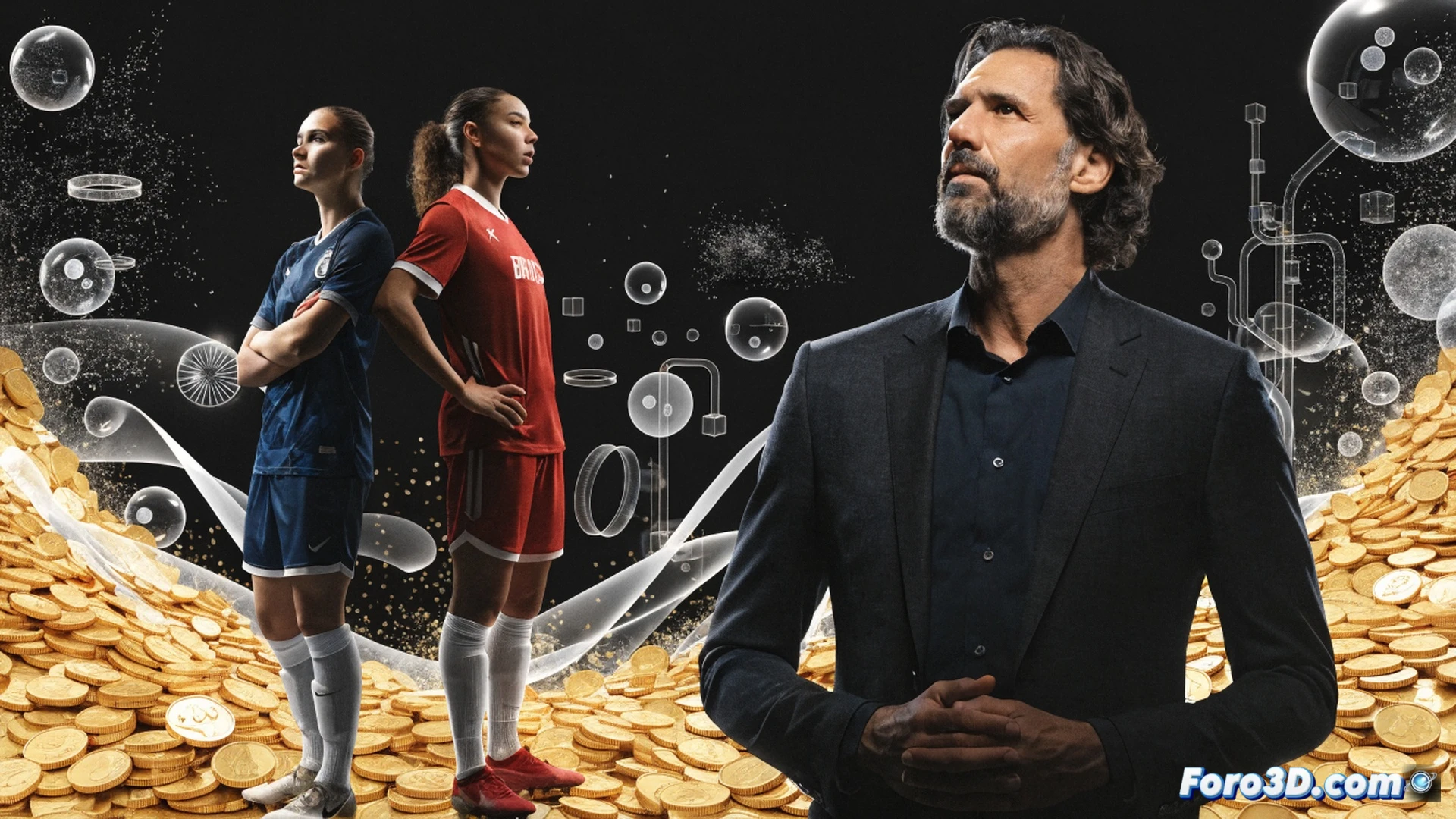 Photorealistic scene of a female footballer in full action kicking a ball on a modern pitch, surrounded by holographic financial data projections showing rising audience graphs and investment flows, stadium seats visible in background with dynamic commercial branding panels being installed, glowing digital interface hovering mid-air displaying structural improvement metrics, dramatic stadium floodlights, motion blur on ball, technical illustration style with crisp athletic motion and futuristic business visualization elements, ultra-detailed turf texture, professional sportswear with aerodynamic fit, cinematic lighting emphasizing the momentum of growth and professionalization
