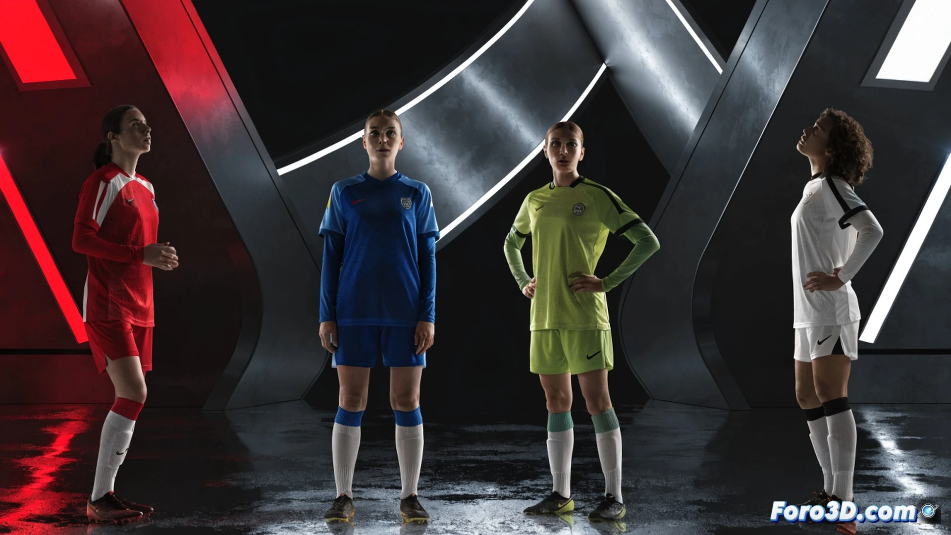 four female football players from different teams mid-action on a hybrid grass pitch, one executing a sliding tackle while another dribbles past, match officials in background with electronic substitution boards, stadium floodlights casting dramatic shadows, cinematic sports photography style, photorealistic rendering, motion blur on ball and players' legs, sweat droplets visible, dynamic low-angle perspective, intense competitive atmosphere, technical detail in boot studs and jersey fabric textures, deep green grass with worn patches from play