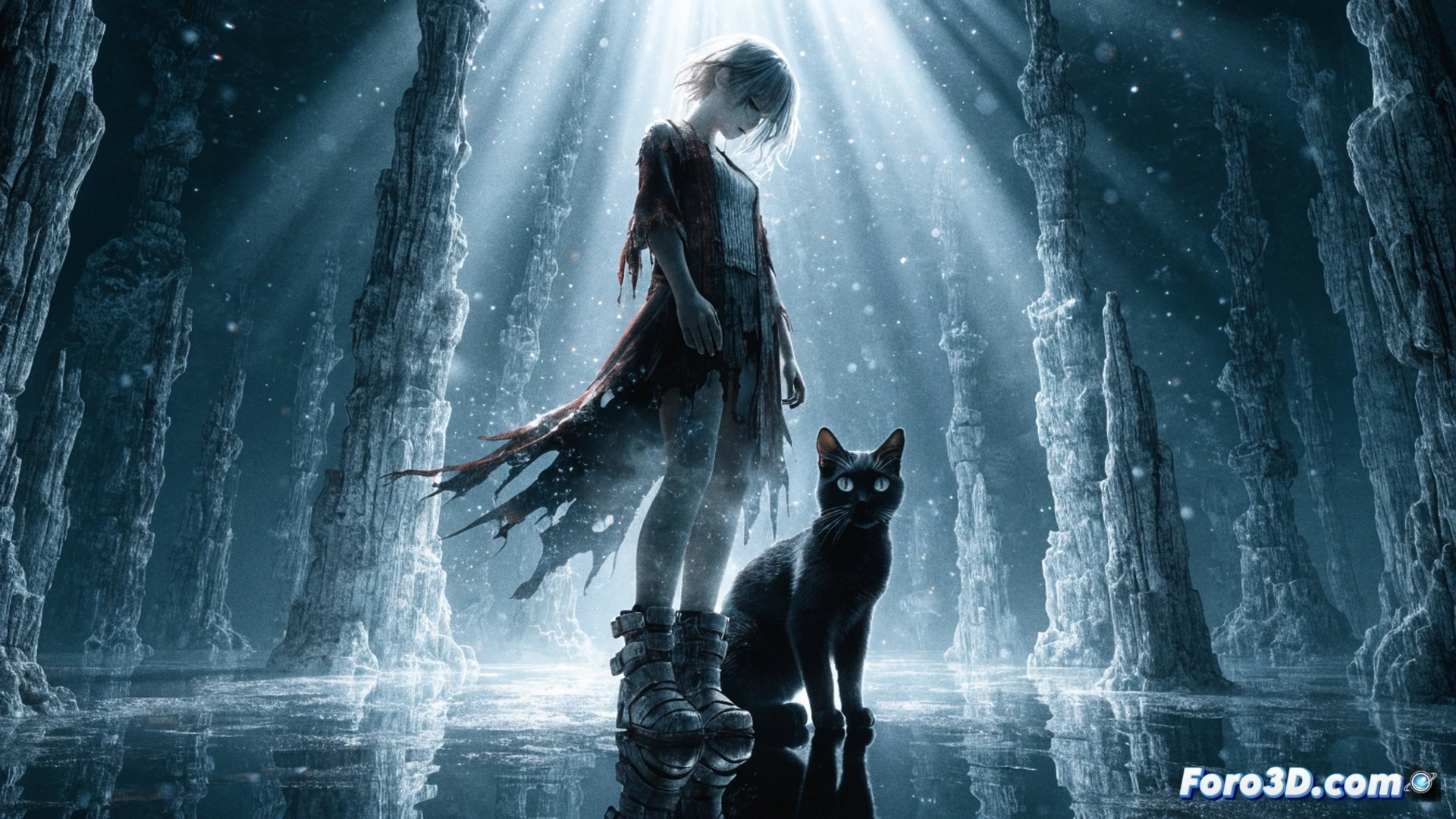 cinematic scene of a black cat walking on a dark rooftop, paw reaching toward a glowing puzzle cube, a young girl with amnesia standing below in a dimly lit alley, her shadow stretching across cobblestones, broken holographic memory fragments floating around her head, cat’s eyes reflecting neon blue light, puzzle mechanisms embedded in walls with rotating gears and glowing symbols, soft rain falling, water droplets refracting light, moody cyberpunk atmosphere, photorealistic technical illustration, dramatic chiaroscuro lighting, ultra-detailed fur textures, wet stone reflections, depth of field focus on cat’s paw interaction with the puzzle