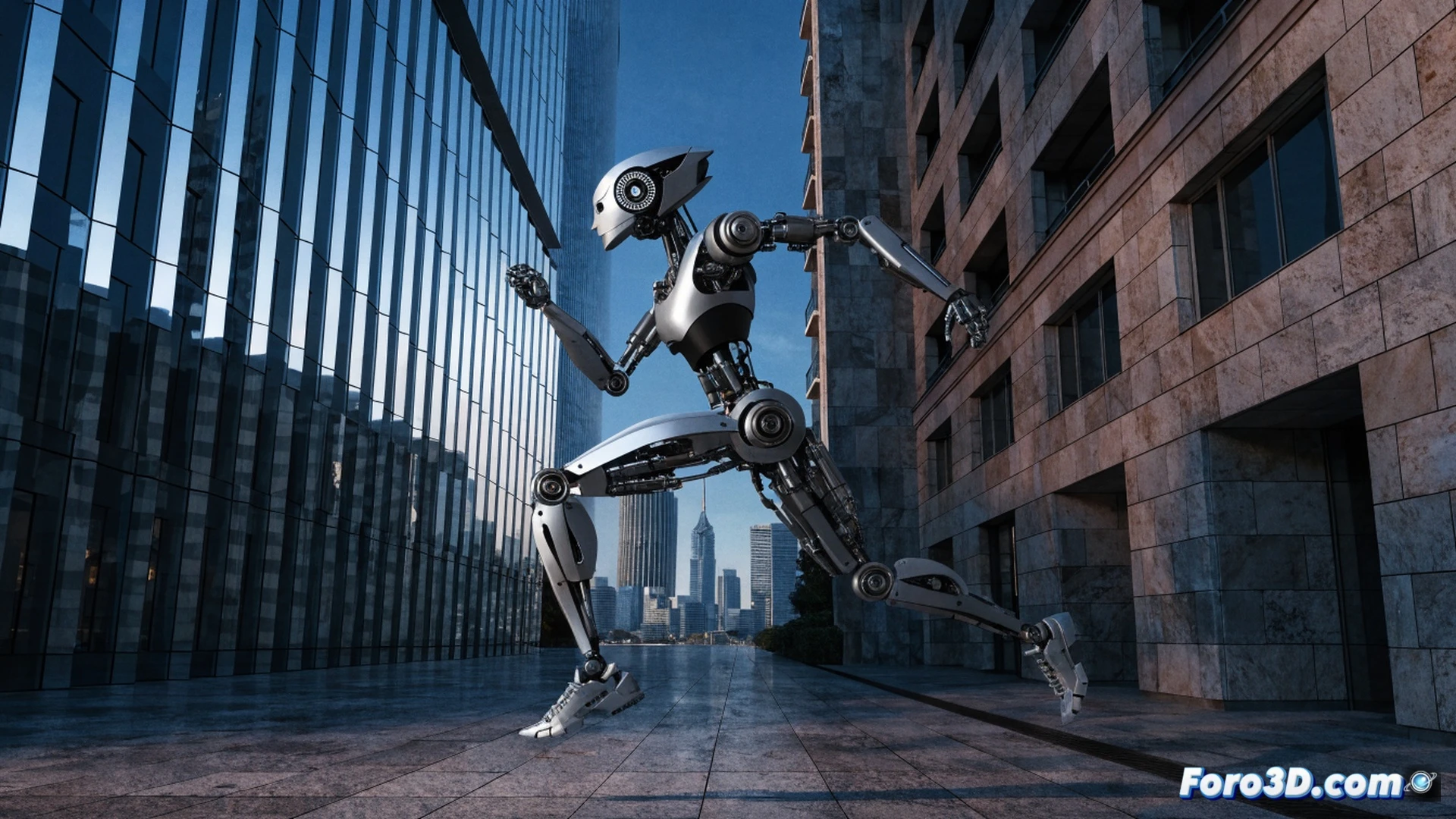 Humanoid robot running on a rainy Chinese marathon road, mechanical legs with exposed gear systems and efficient motor joints in mid-stride, motion blur on wet asphalt, other runners blurred behind, glowing blue LED indicators on metallic torso showing battery and performance data, rain droplets reflecting off polished carbon fiber limbs, dynamic posture demonstrating balanced gait and constant pace, cinematic engineering visualization with dramatic low-angle perspective, ultra-detailed mechanical components, photorealistic technical render, industrial lighting with neon city reflections