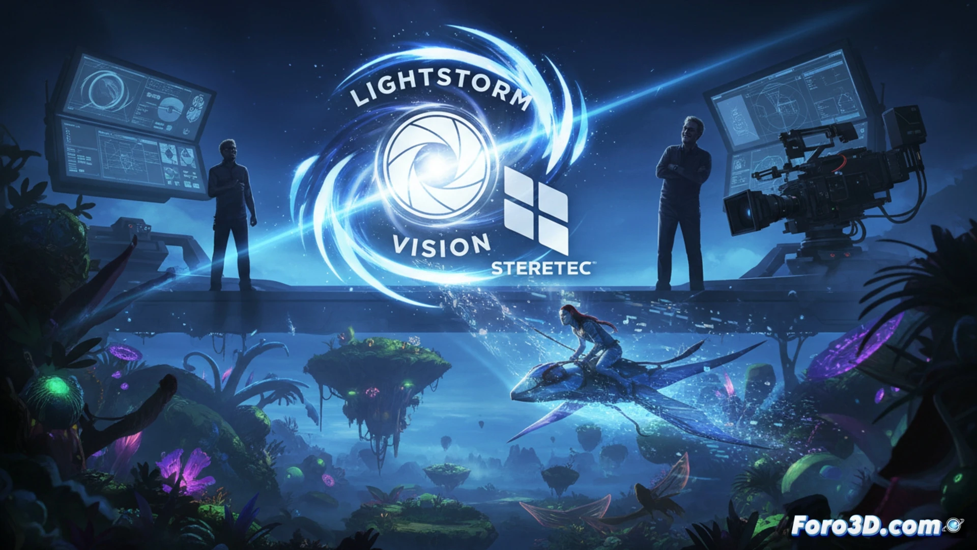 James Cameron adquiere Stereotec; su logo 3D se fusiona con la cámara en un cine futurista.