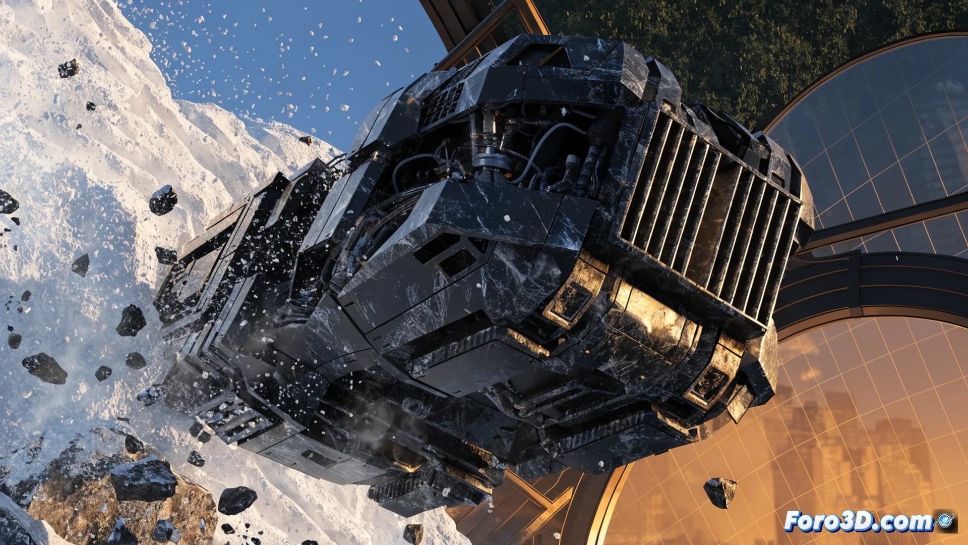 cinematic 3D animation workspace showing a destroyed concrete wall crumbling under heavy snowfall, a military vehicle crashing through debris, particle simulation with realistic fracture patterns and snow accumulation, interface panels displaying LightWave 2026 tools for destruction physics and particle systems, technical illustration style, dramatic blue-gray lighting, motion blur on falling fragments, volumetric snowflakes interacting with vehicle tracks, photorealistic render with high detail on mechanical parts and environmental destruction