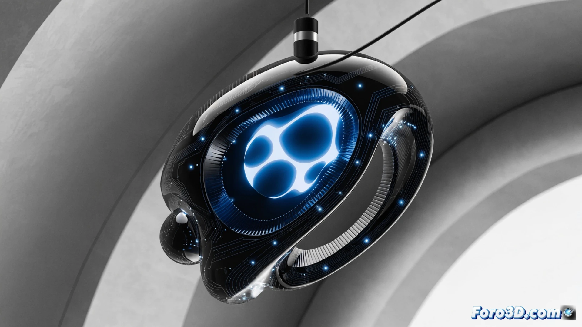 Photorealistic wearable AI pendant hovering mid-air above an open palm, glowing blue LED ring pulsing while miniature holographic interface projects floating calendar events and chat transcripts, soundwave patterns radiating from the pendant during speech capture, microphones visible on sleek matte black casing, background showing blurred office environment with colleagues in conversation, digital memory nodes connecting to cloud storage icons, cinematic lighting with cool cyan highlights on metallic surface, shallow depth of field emphasizing the pendant and holographic data, ultra-detailed engineering textures, futuristic minimalist aesthetic