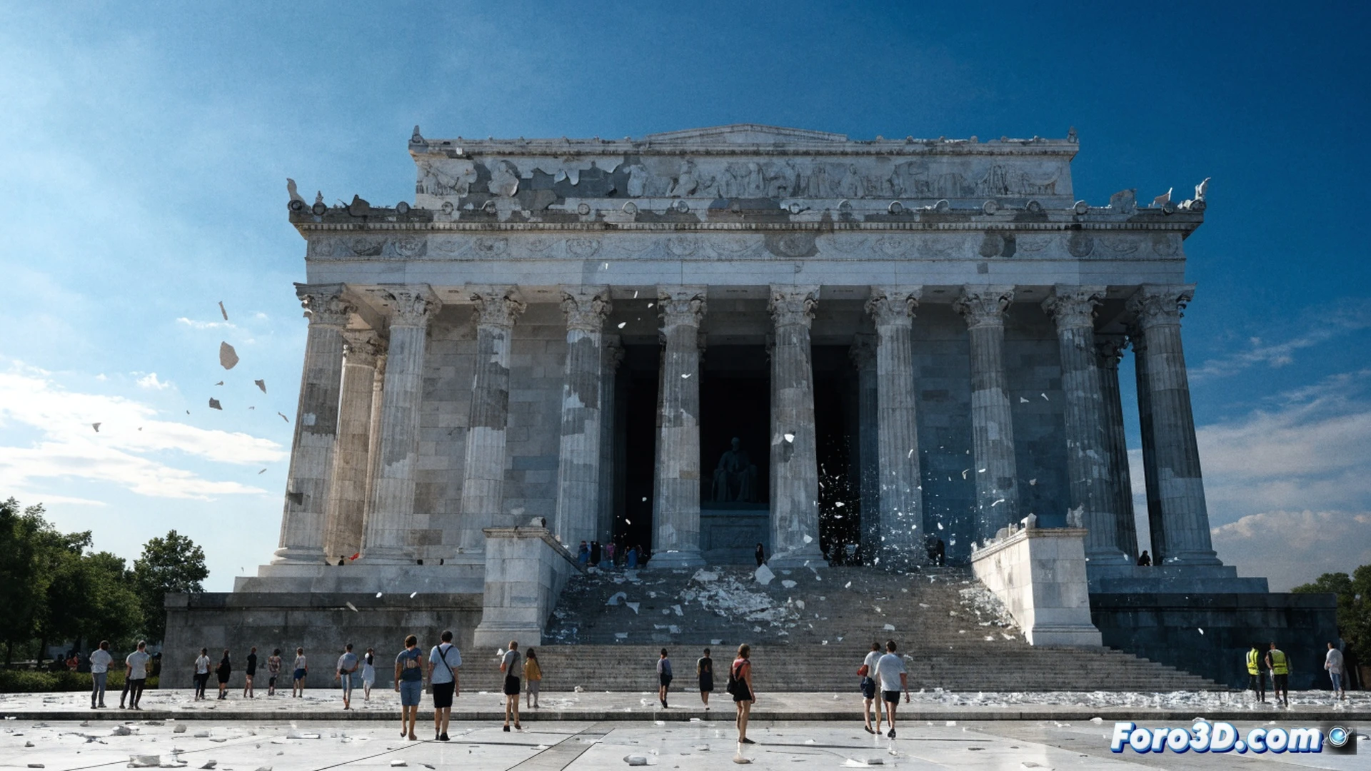 Lincoln Memorial facade showing paint peeling from marble surface, tourists pointing at cracked white columns while a maintenance worker examines flaking layers with a paint scraper, sunlight casting harsh shadows on deteriorating sections, engineering inspection markers placed near damage zones, cinematic photorealistic architectural documentation style, dramatic afternoon lighting emphasizing texture contrast between pristine and damaged areas, ultra-detailed stone grain and paint chips falling in slow motion, handheld camera perspective from visitor viewpoint