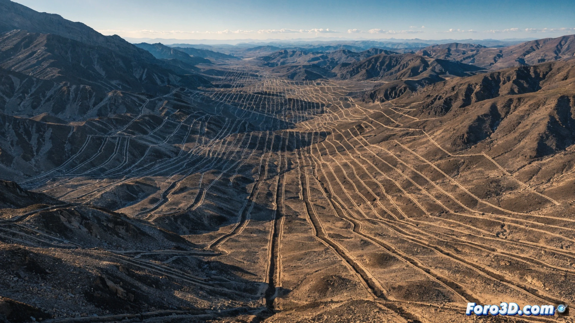 Aerial view of a vast Bolivian altiplano landscape at dawn, thousands of perfectly straight ancient footpaths crossing the desert floor in a precise geometric grid covering 22,500 km², a lone archaeologist standing at a central intersection examining a handheld GPS device while sunlight casts long shadows across the lines, contrasting with curved natural terrain, cinematic photorealistic style, dramatic low-angle light, dust particles suspended in the air, high-resolution satellite-imagery aesthetic, mysterious archaeological visualization, ultra-detailed earth textures, wide-angle lens perspective showing scale against mountains