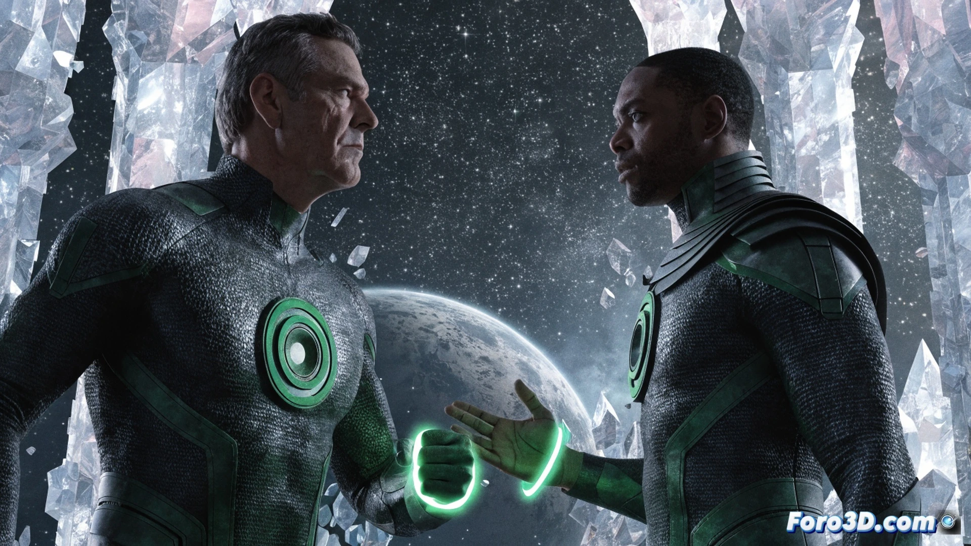 Two Green Lantern power rings floating in a dark space hangar, Hal Jordan in pilot jacket holding a glowing lantern construct while John Stewart activates a holographic star map, energy rings overlapping mid-air, technical engineering visualization with metallic corridor walls, sparks from damaged control panels, cinematic lighting with green and blue neon reflections, photorealistic mechanical details, action moment showing ring charging process, dramatic shadows on flight suits, ultra-detailed sci-fi interior