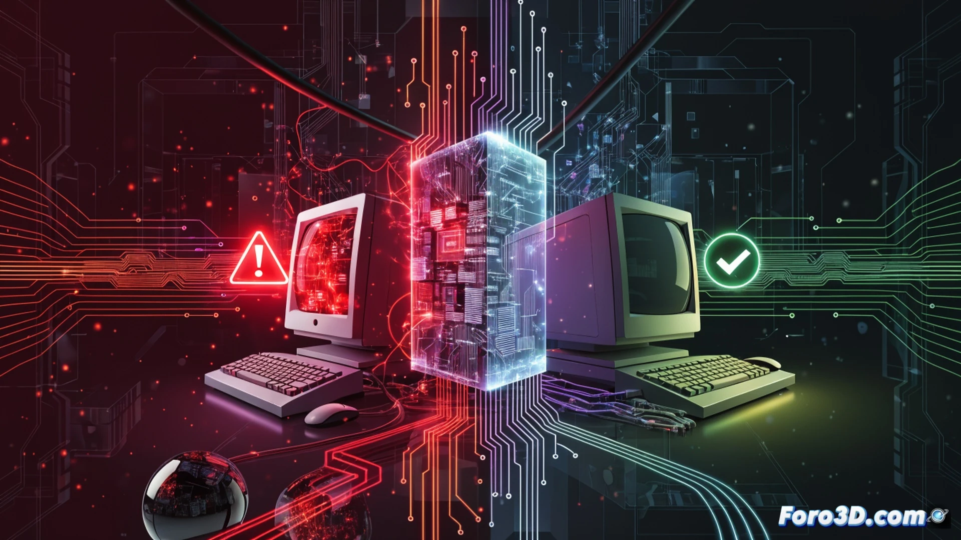 Vintage desktop computer case opened, motherboard with Pentium-era CPU visible, glowing green Linux penguin logo projected onto the system, AI security shield icons floating above the board, old CRT monitor displaying a kernel update progress bar, dust particles suspended in light beam, screwdriver and spare RAM modules on the desk, technical illustration style, warm amber and cool blue lighting, photorealistic engineering visualization, action of upgrading and securing legacy hardware, cinematic depth of field