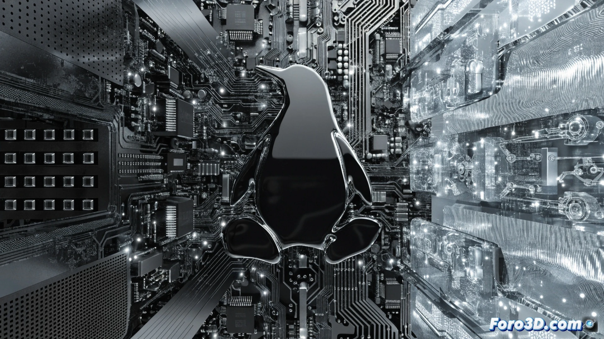 Photorealistic technical illustration showing a motherboard with a Linux penguin emblem glowing on the CPU, an NTFS-formatted external hard drive connected via USB cable being accessed, data flow visualized as luminous blue lines moving from the drive into the processor, alongside an Intel Arc graphics card and a next-gen Intel CPU socket, both emitting subtle orange performance heat waves, cinematic lighting with cool blue and warm orange contrast, detailed circuit traces and capacitor arrays, ultra-sharp engineering visualization, demonstrating seamless hardware compatibility and data transfer process