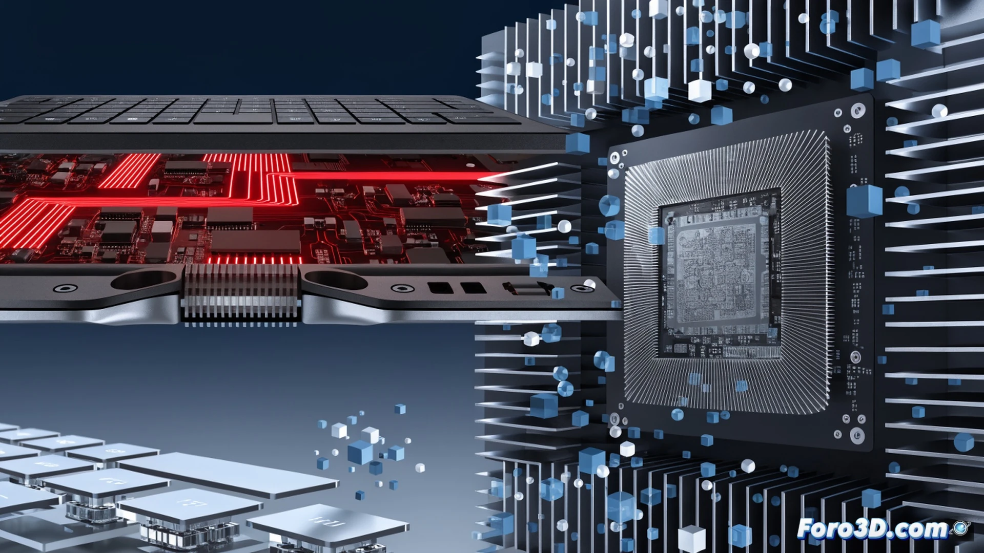 high-end laptop motherboard with AMD Zen 6 processor and copper heat pipes, energy flow visualization showing optimized power distribution during suspend-resume cycle, glowing circuit traces around ASUS Lenovo HP battery connectors, keyboard special function keys illuminated, cinematic engineering visualization, macro lens view of chipset and voltage regulators, cool blue and green LED indicators, subtle motion blur on cooling fan blades, photorealistic technical illustration
