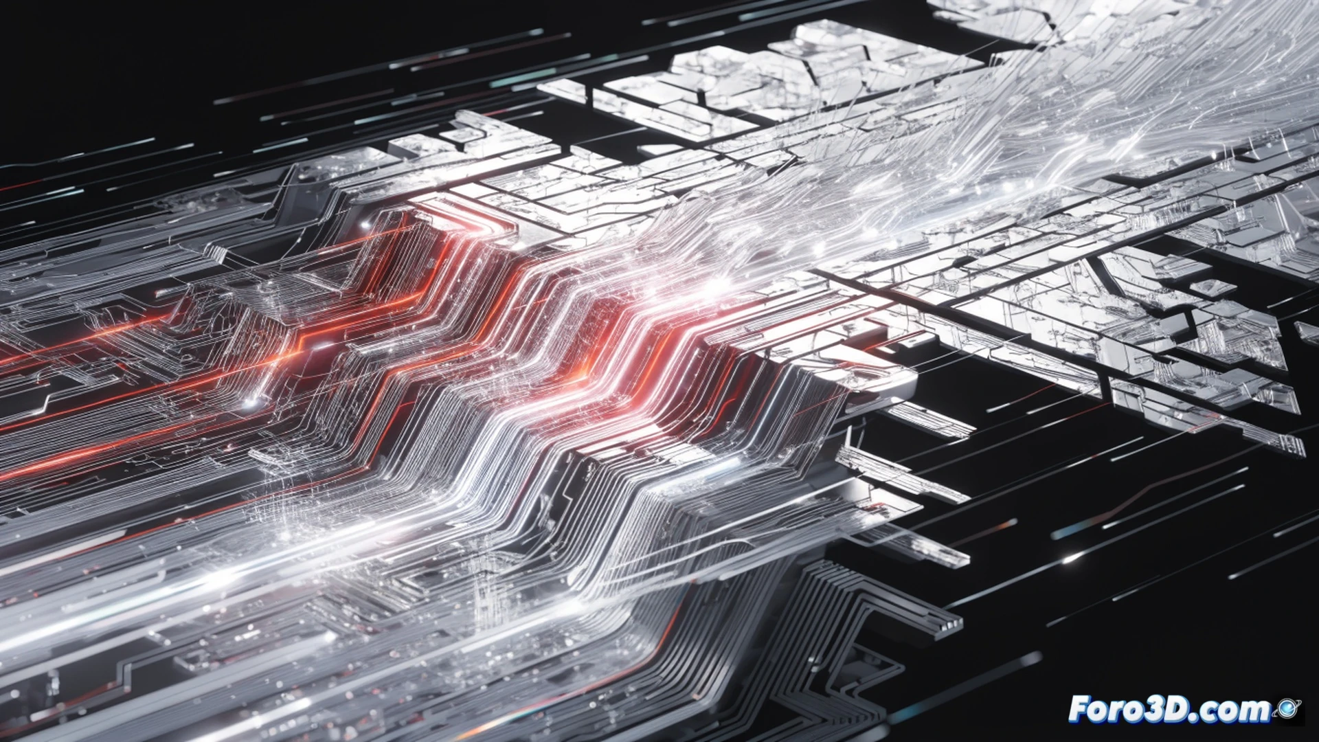 AMD Ryzen Threadripper processor mounted on a motherboard, glowing data streams accelerating through PCIe lanes and NVMe storage during high-speed file transfer, benchmark graphs showing both rising and falling performance curves, Linux kernel source code scrolling on a monitor behind, technician adjusting cooling system while monitoring real-time I/O metrics, technical illustration style, photorealistic industrial lighting, metallic chip details, blue and orange circuit traces, dynamic motion blur on data flow, ultra-detailed component textures
