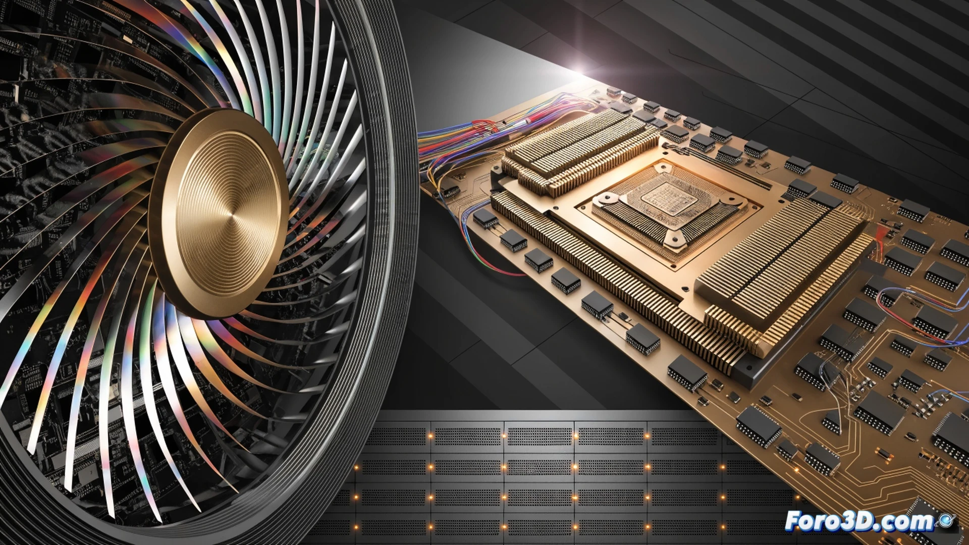 photorealistic technical illustration of a Linux desktop environment showing real-time GPU performance metrics overlay, AMD Radeon graphics card with glowing cooling fans spinning faster, motherboard temperature sensors displaying precise fan curve adjustments, system monitor graphs showing smooth frame rate improvements, dual monitor setup with code compilation in progress, cinematic lighting reflecting off brushed aluminum PC case, detailed circuit board traces visible through glass panel, engineering visualization style, dramatic blue and amber LED lighting, ultra-detailed hardware components, dynamic action during kernel optimization process