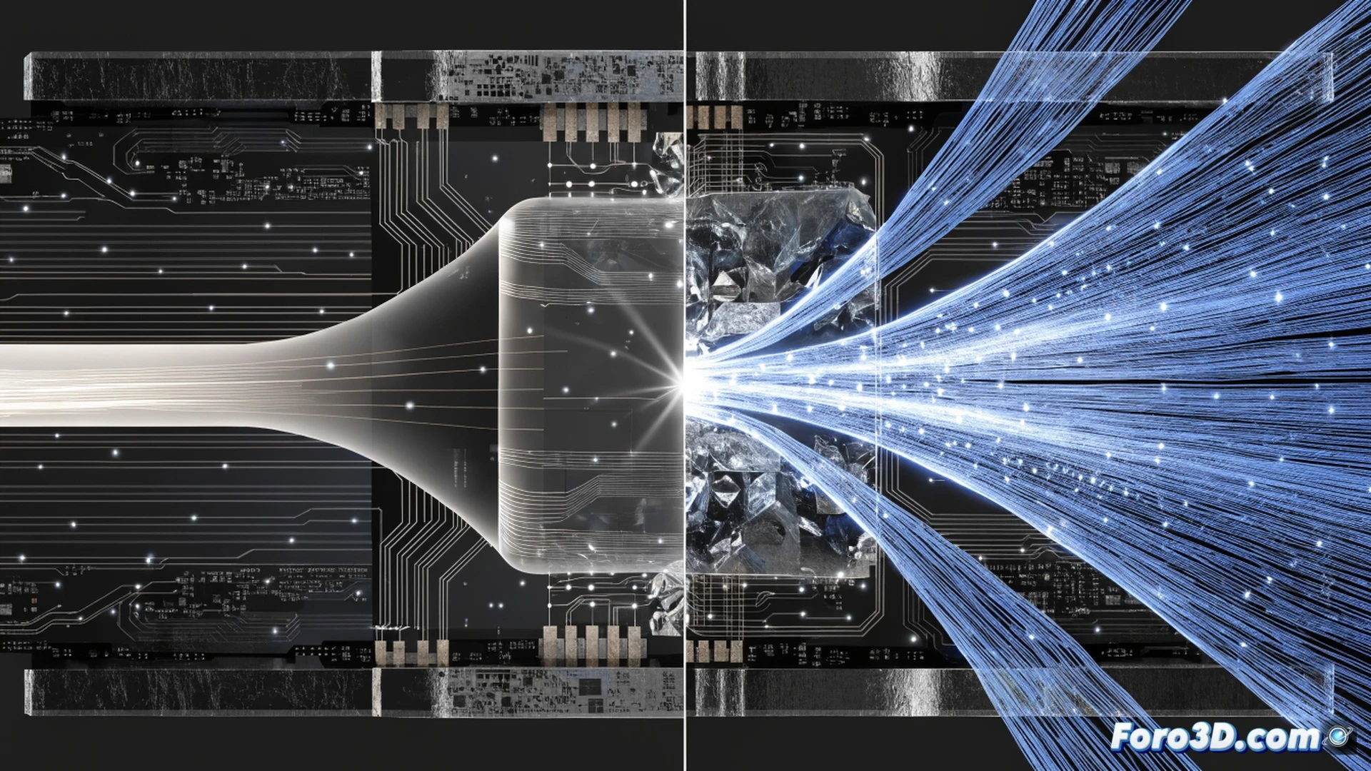 technical engineering visualization of PCIe slot on motherboard during hot-plug action, data flow speed indicator dropping from high to low, glowing red bottleneck symbol near the slot, server rack background with storage drives and graphics card being inserted, circuit board traces lighting up in sequence, cinematic shot with dramatic shadows, metallic connectors and gold pins detail, photorealistic hardware render, error correction process shown as blue wave repairing the data path, industrial lighting with cool blue and warm orange contrast