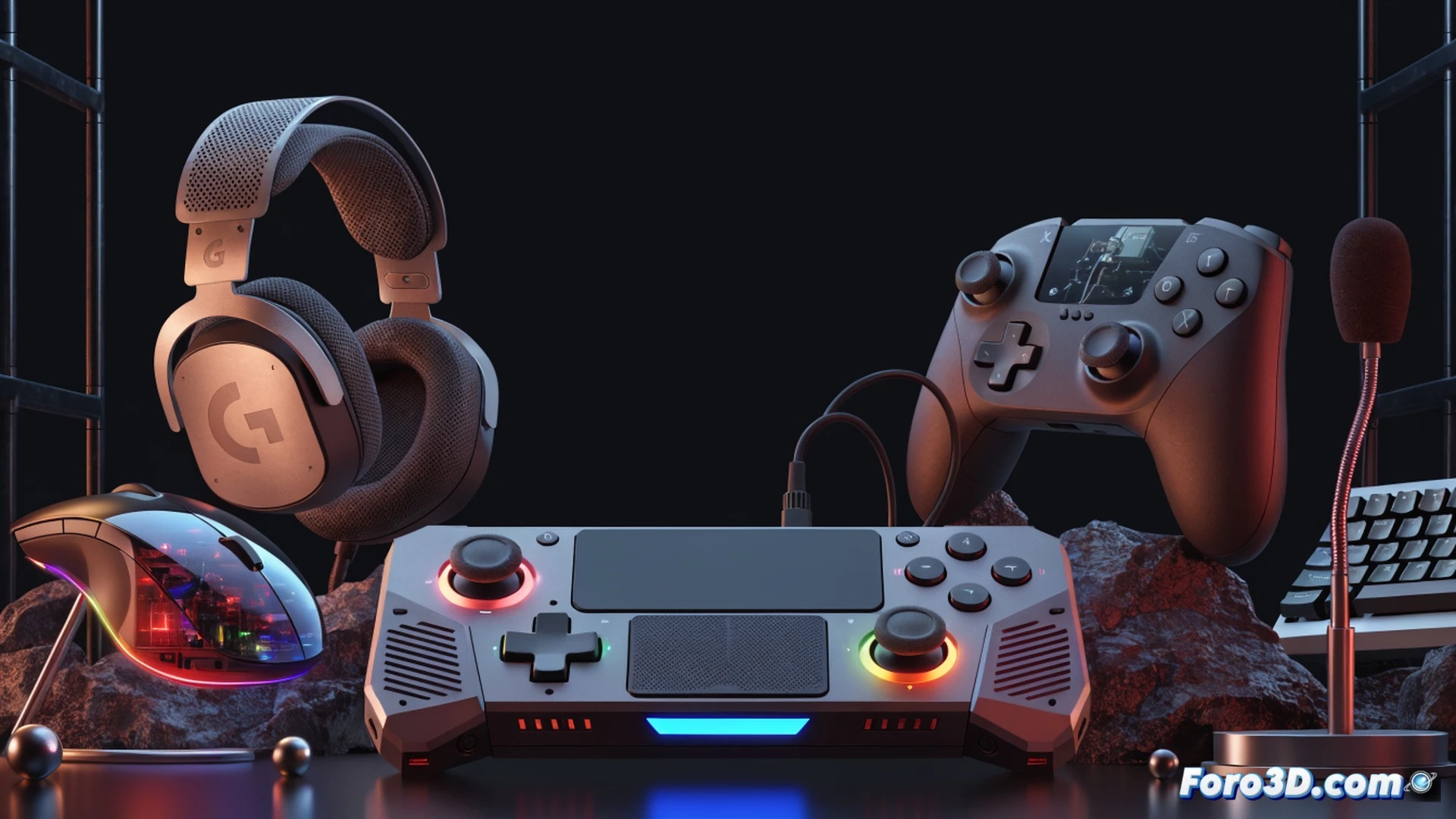 open-source handheld gaming console OneXPlayer being disassembled on a wooden workbench, green Linux kernel code lines floating above the device, a HORI Wireless Switch Pad and Rakk Dasig X mouse connected via USB cables, Logitech mouse wheel glowing with internal gear animation, screwdriver and multimeter tools beside the console, cinematic technical illustration, photorealistic engineering visualization, warm workshop lighting, deep shadows, metallic PCB traces visible, action of upgrading internal firmware demonstrated