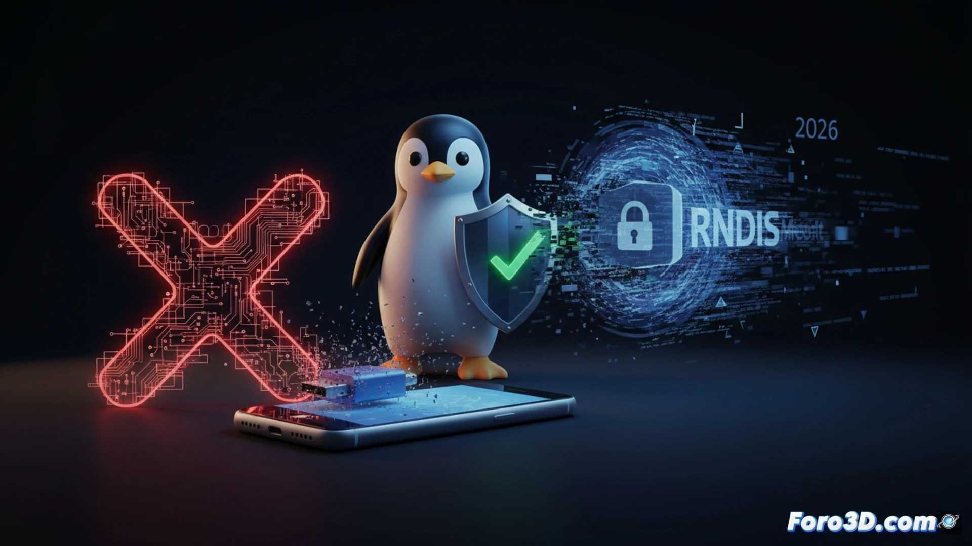 Un pingüino Linux apaga un cable USB roto con etiqueta RNDIS en 2026, mientras un móvil antiguo y un adaptador de red quedan obsoletos al fondo.