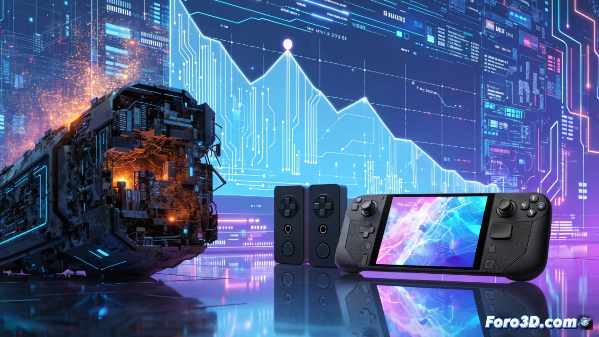 Steam Deck portátil mostrando gráficos de mercado en descenso, mientras un técnico ajusta controladores AMD en una placa base expuesta, ventilador girando, cables de datos conectados, componentes electrónicos iluminados con LED verdes, monitor secundario con terminal de código abierto ejecutándose, fondo de servidores rack, estilo cinematic technical illustration, iluminación dramática azul y naranja, texturas metálicas y plásticas detalladas, render fotorrealista industrial