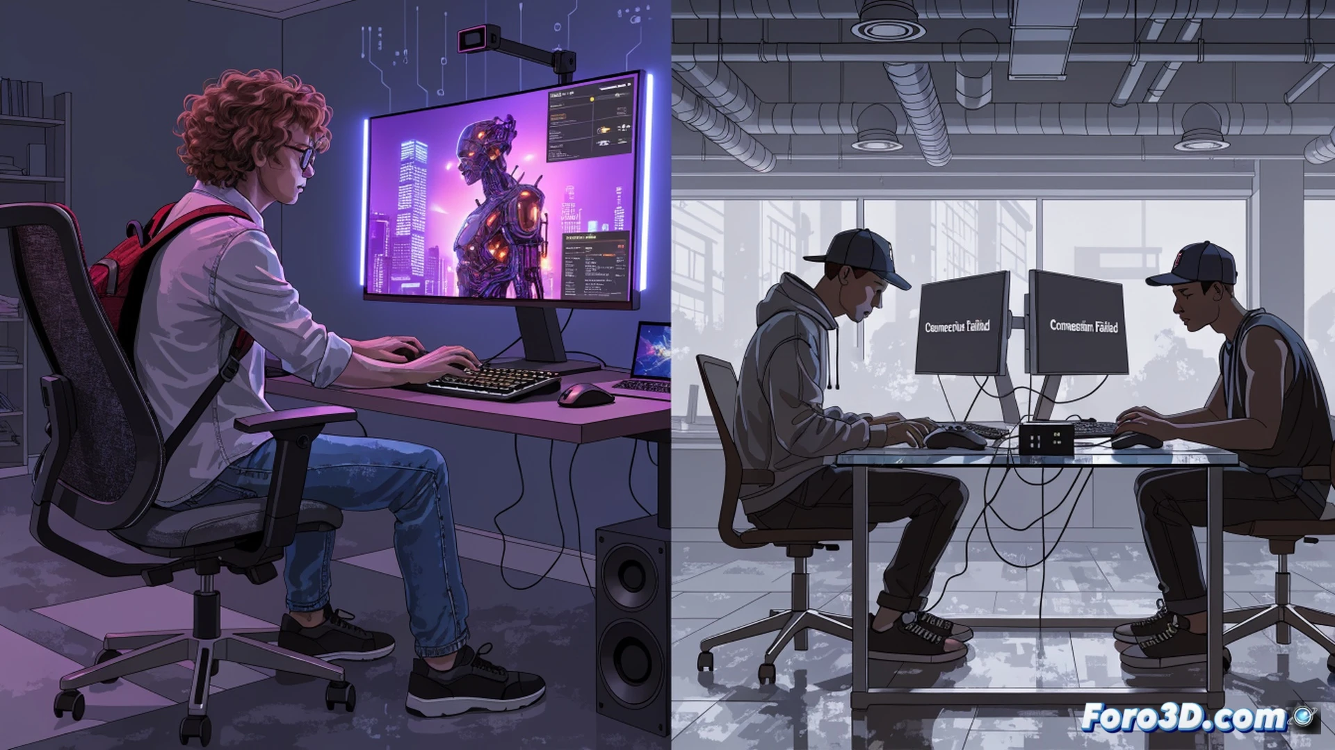 Linux gaming setup showing Steam Proton translating a Windows game, Cyberpunk 2077 running on a desktop monitor with high frame rate display, while a competitive multiplayer game shows a BattlEye anti-cheat error message on a second screen, gaming keyboard and mouse in use, technical illustration style, dim RGB lighting, realistic hardware components, CPU and GPU cooling fans visible, photorealistic engineering visualization, clean desk environment, monitors glowing with game scenes, subtle motion blur from gameplay action