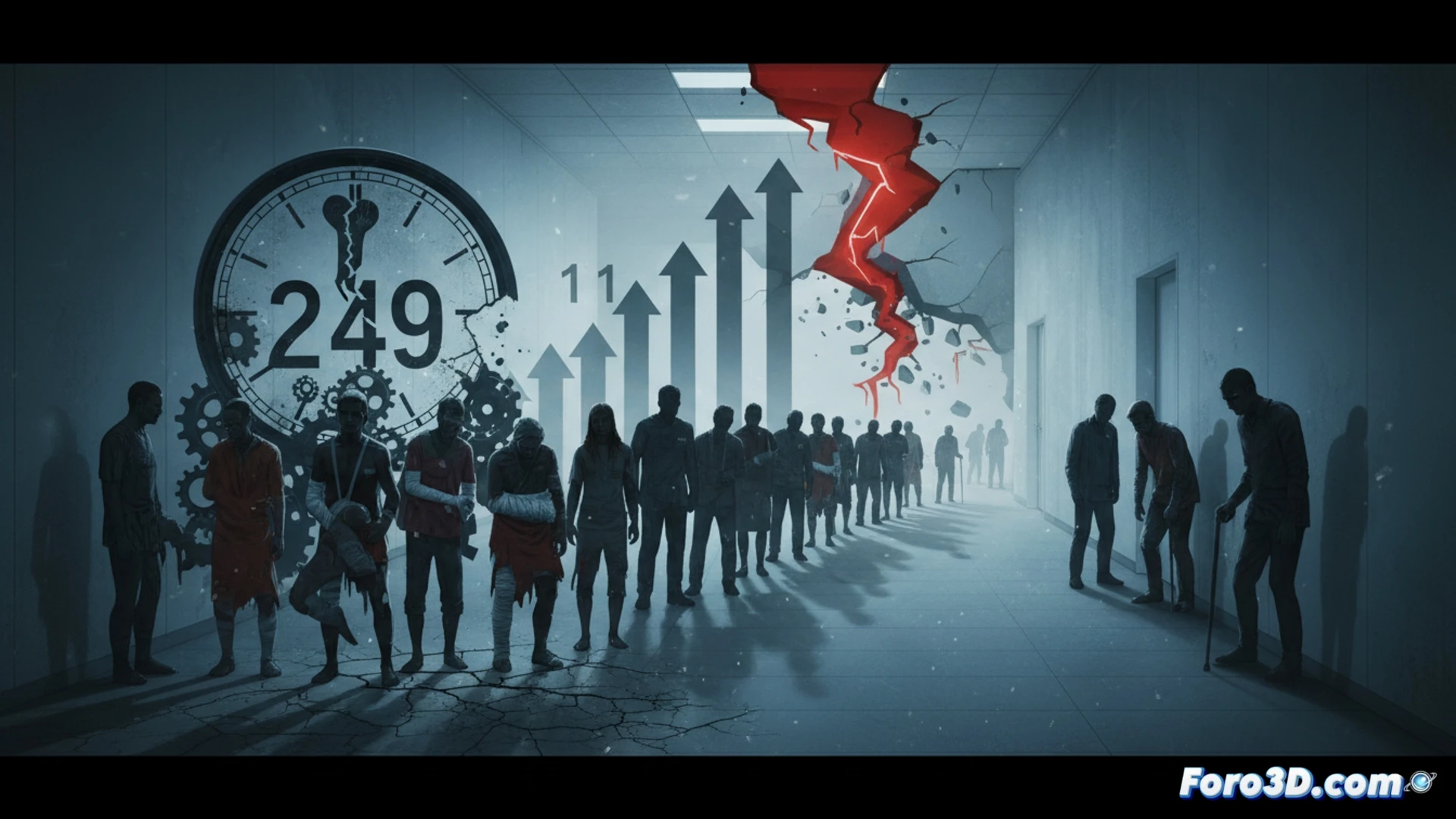hospital corridor scene showing a long queue of elderly patients leaning on walking sticks and clutching orthopaedic referral documents, a digital waiting list board displaying surgical instruments and calendar icons with red alert indicators, a stressed doctor holding a tablet with overloaded schedule interface while a nurse adjusts a hospital bed in the background, cinematic photorealistic medical documentary style, clinical white lighting with cold blue shadows, sterile environment with medical charts pinned to walls, deep depth of field emphasizing the overcrowded waiting area, ultra-detailed textures on hospital equipment and patient clothing, dramatic tension in composed stillness