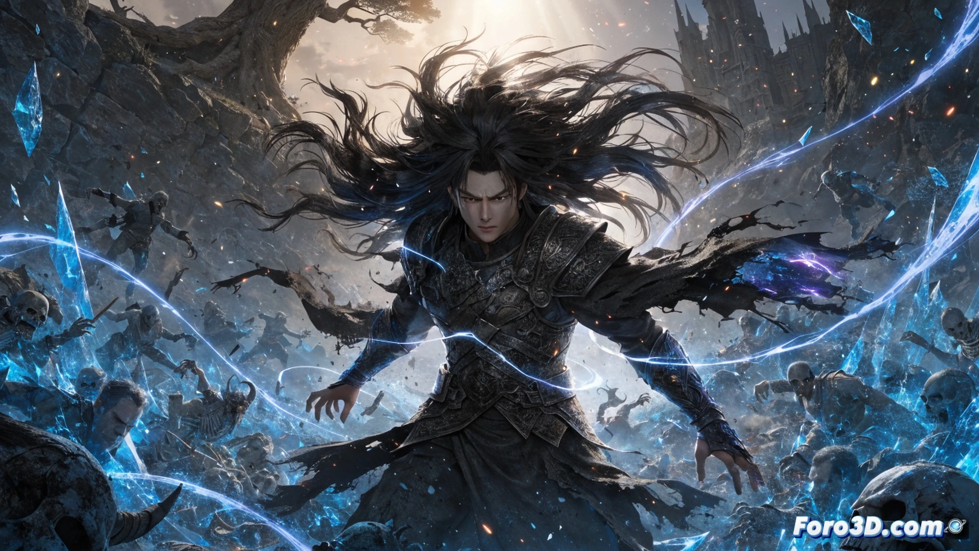 Liu Zhigang mid-air energy strike in Solo Leveling: Arise, dark blue mana explosion erupting from his fist while shattered stone debris flies outward, glowing violet runes on his gauntlet during skill activation, UI damage numbers flashing across the screen, particles trailing from his shoulder armor, dramatic cinematic lighting with rim light on his silhouette, motion blur on his spinning kick, photorealistic game engine render, dynamic action pose, ultra-detailed armor textures, high-contrast shadows, epic boss-fight atmosphere
