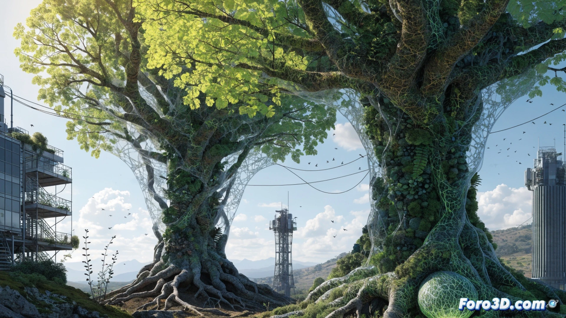 Árbol transgénico de álamo en laboratorio, raíces visibles en sistema hidropónico transparente mientras una jeringa robótica inyecta solución CRISPR en el tallo, hojas más grandes y verdes brillan bajo luces LED de espectro optimizado, monitor digital muestra gráfico de absorción de CO2 superando un 27% al árbol natural al lado, fondo de invernadero con sensores climáticos, estilo ilustración técnica fotorrealista, iluminación limpia de laboratorio, detalles en tejido vegetal y gotas de nutrientes
