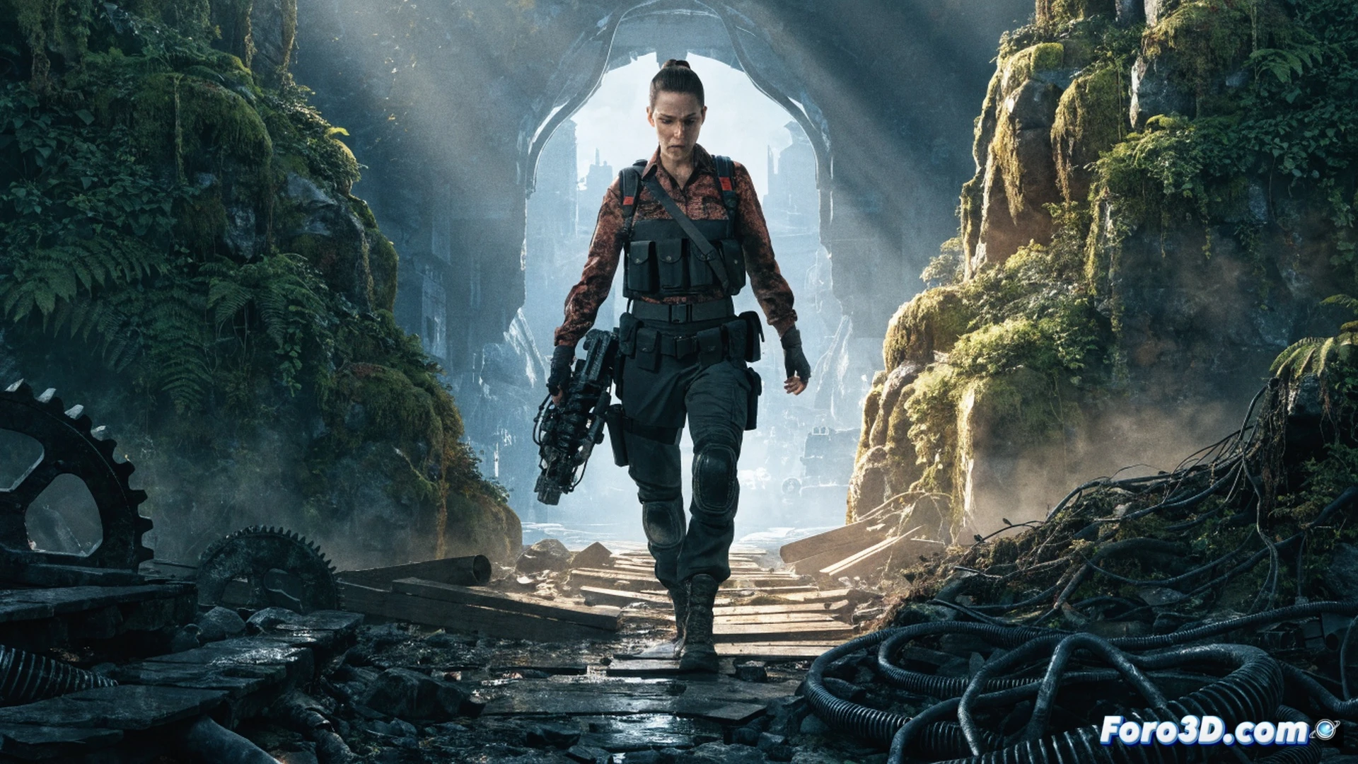 cinematic scene of lizzy caplan as a tactical operator in a dense jungle, crouching behind a moss-covered rock while aiming a high-tech assault rifle with holographic sight, red laser dot cutting through mist, backpack with antenna and radio gear visible, nearby a drone with camera lens hovers above a crashed helicopter wreck, rotor blade embedded in mud, smoke rising from engine, scattered ammo magazines and tactical flashlight on ground, photorealistic rendering, dramatic sunset light filtering through trees, motion blur on spinning drone propellers, detailed weapon components and tactical equipment, ultra-realistic textures, action-packed moment