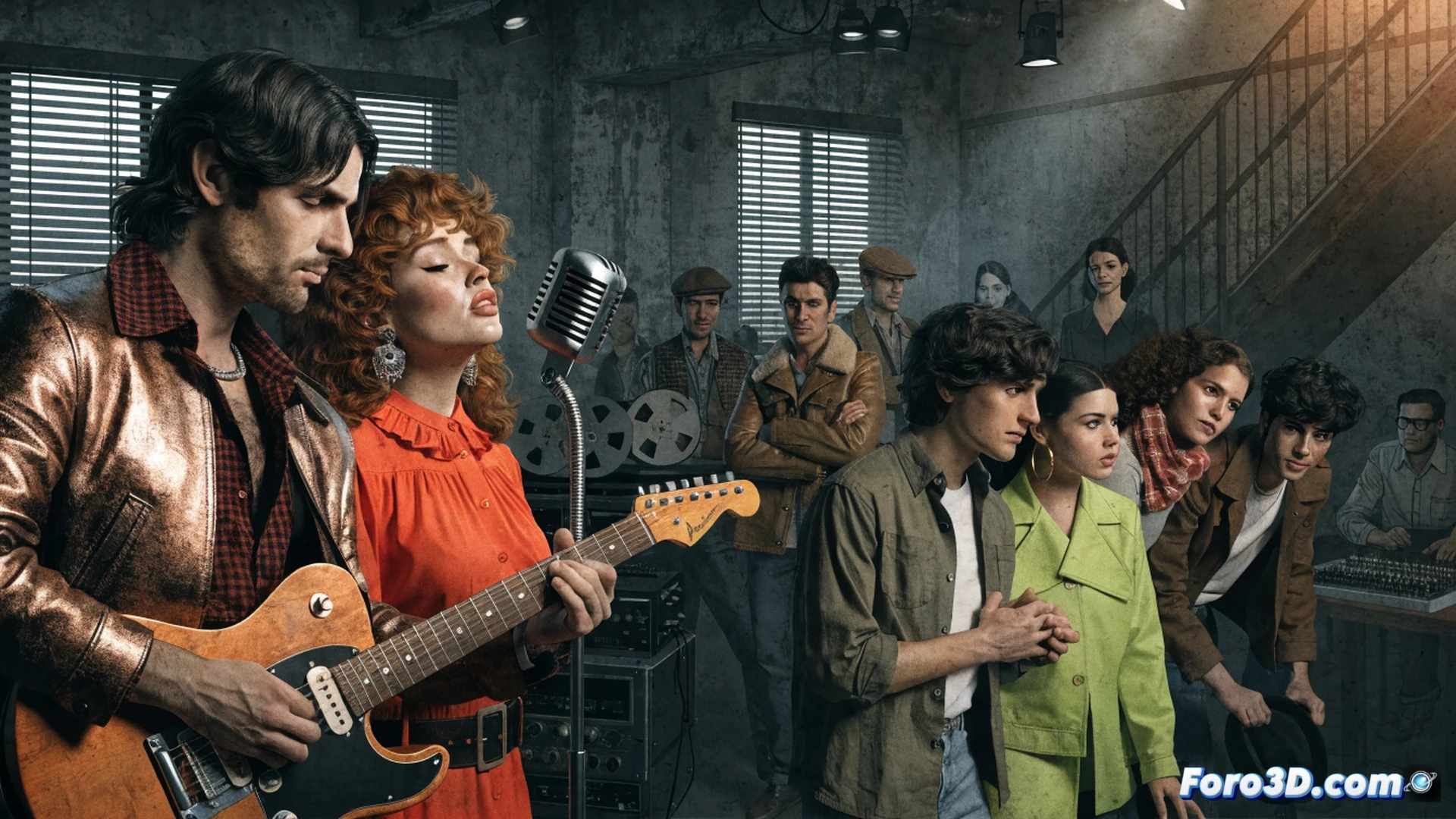 Jóvenes artistas en un estudio de grabación analógico de los años sesenta, manipulando una cinta de bobina abierta mientras un tocadiscos vintage reproduce un vinilo, carteles de contracultura desgastados en la pared, una guitarra eléctrica apoyada contra un amplificador valvular, polvo flotando en rayos de luz cenital, demostrando el proceso de rescate de archivos sonoros, estilo cinematográfico con textura granulada y paleta sepia, iluminación dramática de contraluz, photorealistic technical render
