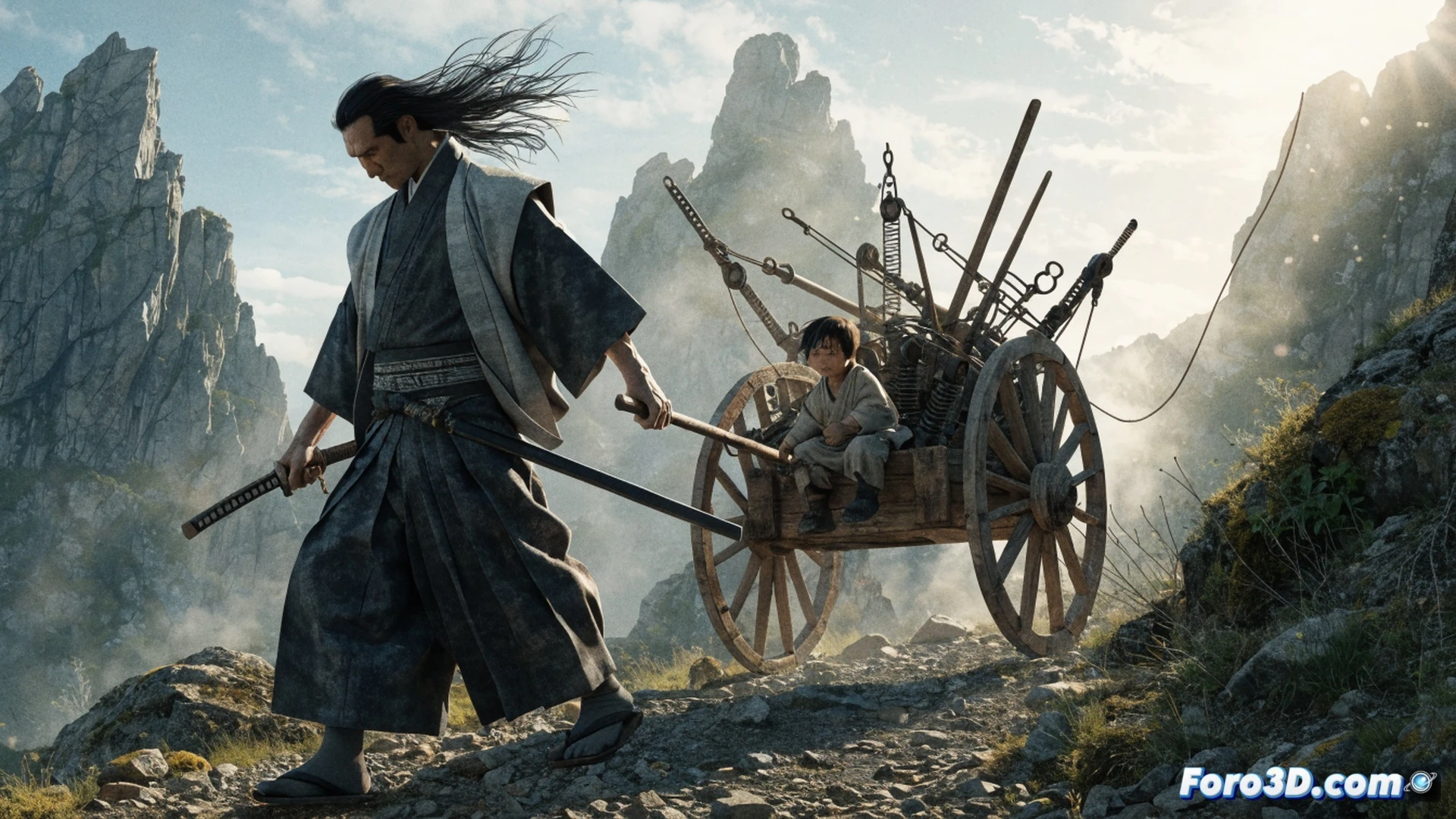 Samurai solitario empujando un carrito de madera sobre un camino de tierra, su cachorro sentado dentro mirando hacia atrás, mecanismo oculto de metal asomando bajo la tela del carrito mientras una hoja de espada parcialmente extraída refleja la luz del atardecer, polvo levantado por las ruedas durante el avance, estilo cinematográfico japonés, iluminación dramática con sombras alargadas, textura desgastada en la madera y el kimono, composición épica de venganza y protección paterna, photorealistic technical illustration, ultra-detailed render