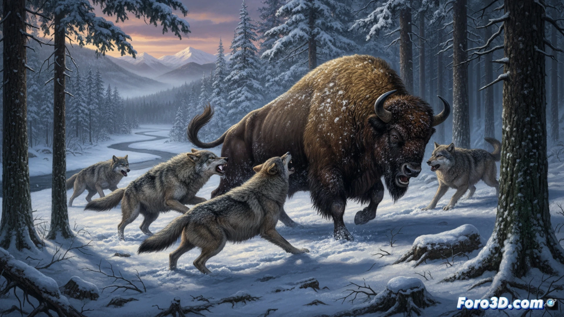 A pack of grey wolves attacking a massive European bison in a snowy Polish forest, bison lunging forward with hooves kicking up snow, wolves biting the bison’s hind legs and flank, GPS tracking collars visible on two wolves, a remote camera trap on a tree trunk in the foreground, cinematic photorealistic wildlife action scene, dynamic motion blur on running wolves, frozen breath clouds, soft winter daylight filtering through bare branches, ultra-detailed fur textures, dramatic tension, high-contrast natural lighting, technical wildlife documentation style