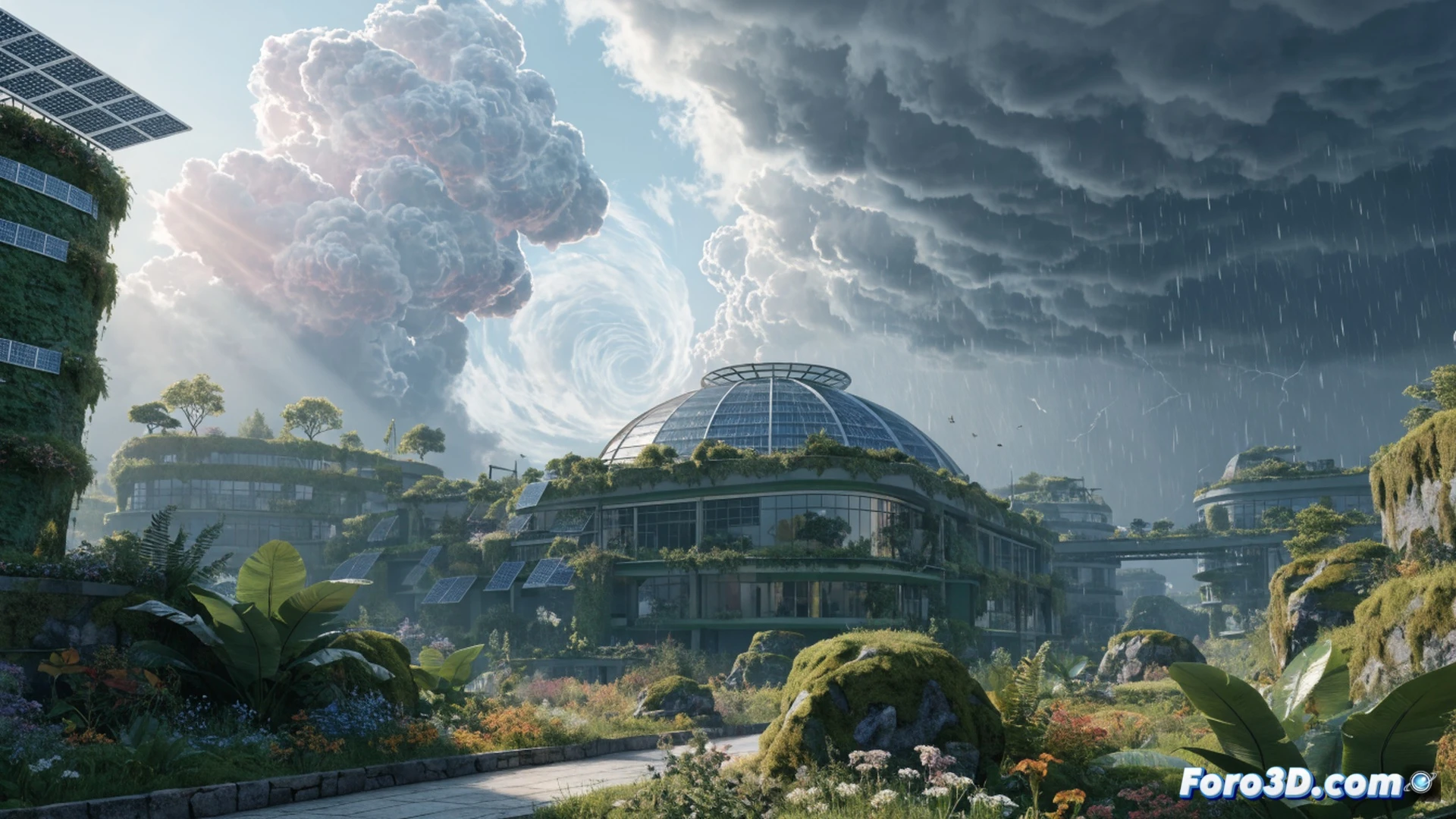 Dynamic solar garden simulation in Unity engine, vibrant solarpunk plants reacting to real-time rainstorm, leaves curling and stems bending under wind pressure while glowing bioluminescent flowers pulse brighter, moisture droplets forming on curved glass greenhouse panels, modular sustainable buildings with green roofs modeled in Cinema 4D showing water collection channels, Adobe Photoshop concept art visible on floating holographic screens beside the scene, cinematic technical visualization, vivid green and teal color palette, dramatic storm lighting with volumetric clouds, detailed vegetation physics, ultra-realistic organic materials, photorealistic engineering render