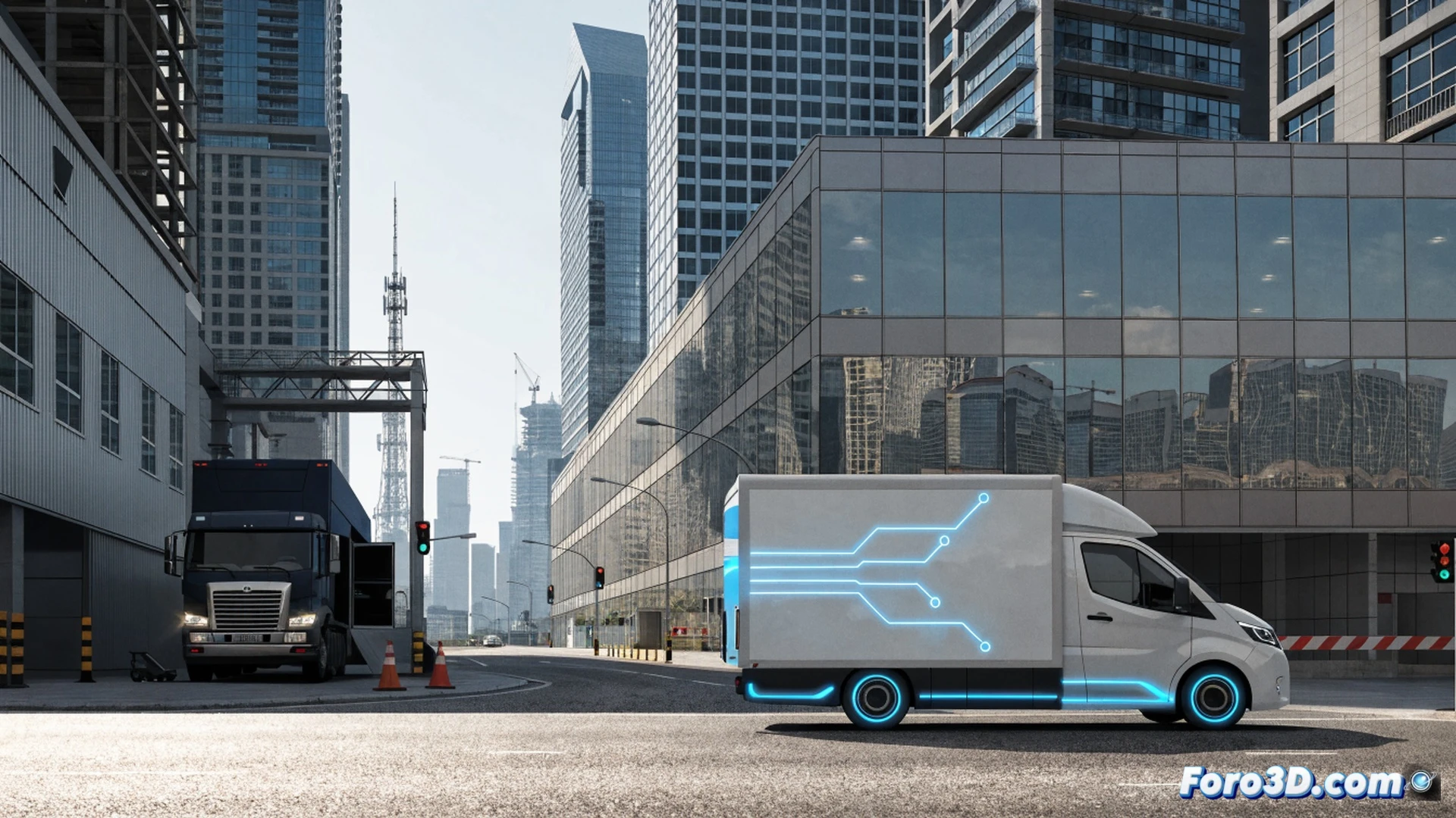 Electric delivery van charging at a Singapore logistics hub, diesel price sign glowing red in background, driver plugging cable into side port, heavy truck waiting nearby with no available charger, concrete parking lot, contrasting vehicle sizes, modern urban industrial setting, twilight sky with neon reflections, technical illustration style, photorealistic render, detailed battery indicator panel on van, charging cable tension visible, truck cab showing empty charge port, dramatic lighting highlighting infrastructure gap, realistic materials and textures