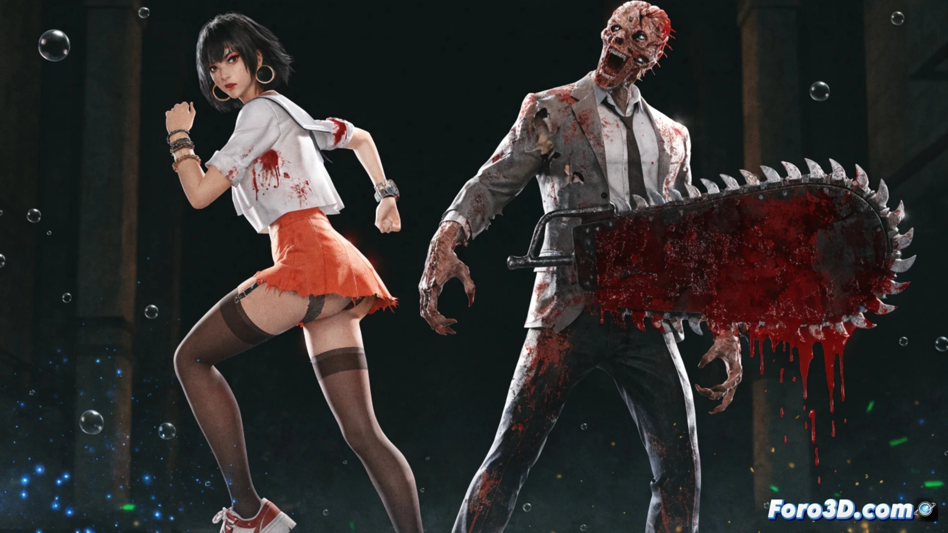 third-person action game scene, Juliet Starling in Kogal schoolgirl costume spinning a giant chainsaw through a horde of zombies, bright pink blood splatter, chainsaw blade motion blur, spark effects on metal teeth, zombie bodies being flung mid-air, cartoonish gore, arcade-style combat, vivid neon pink and purple lighting, flat-shaded cel-shaded rendering, high-contrast outlines, video game technical illustration, over-the-top action pose, dynamic camera angle, debris and confetti particles flying, celebratory atmosphere, 3D game engine visualization