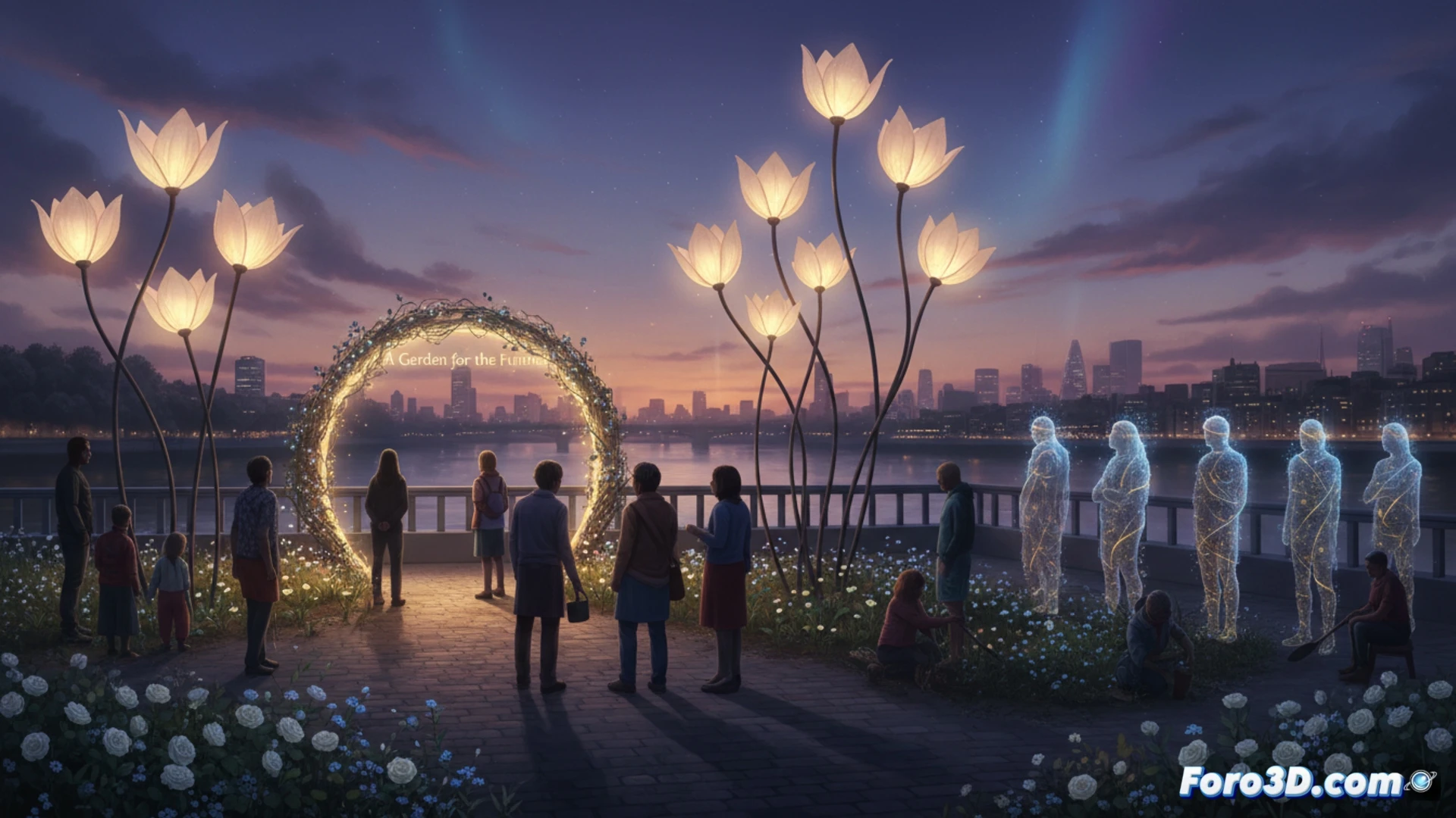 Un puente iluminado al atardecer, con velas y flores en el suelo, personas abrazadas y un boceto de jardín verde al fondo.