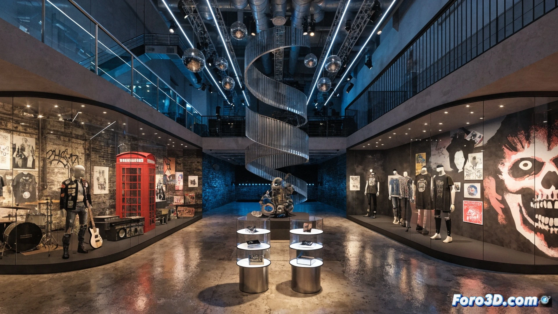 London museum entrance scene, diverse teenagers from punk, emo, and hip hop subcultures walking through glass doors, holding vintage cassette players and graffiti markers, museum interior showing display cases with leather jackets, vinyl records, and boomboxes, visitors interacting with interactive digital screens showing archival photographs, cinematic architectural photography, warm amber gallery lighting contrasting with cool neon accent lights, polished concrete floors reflecting exhibits, photorealistic museum interior render, dynamic composition with visitors in motion, ultra-detailed textures on exhibit artifacts, dramatic shadows from spotlights