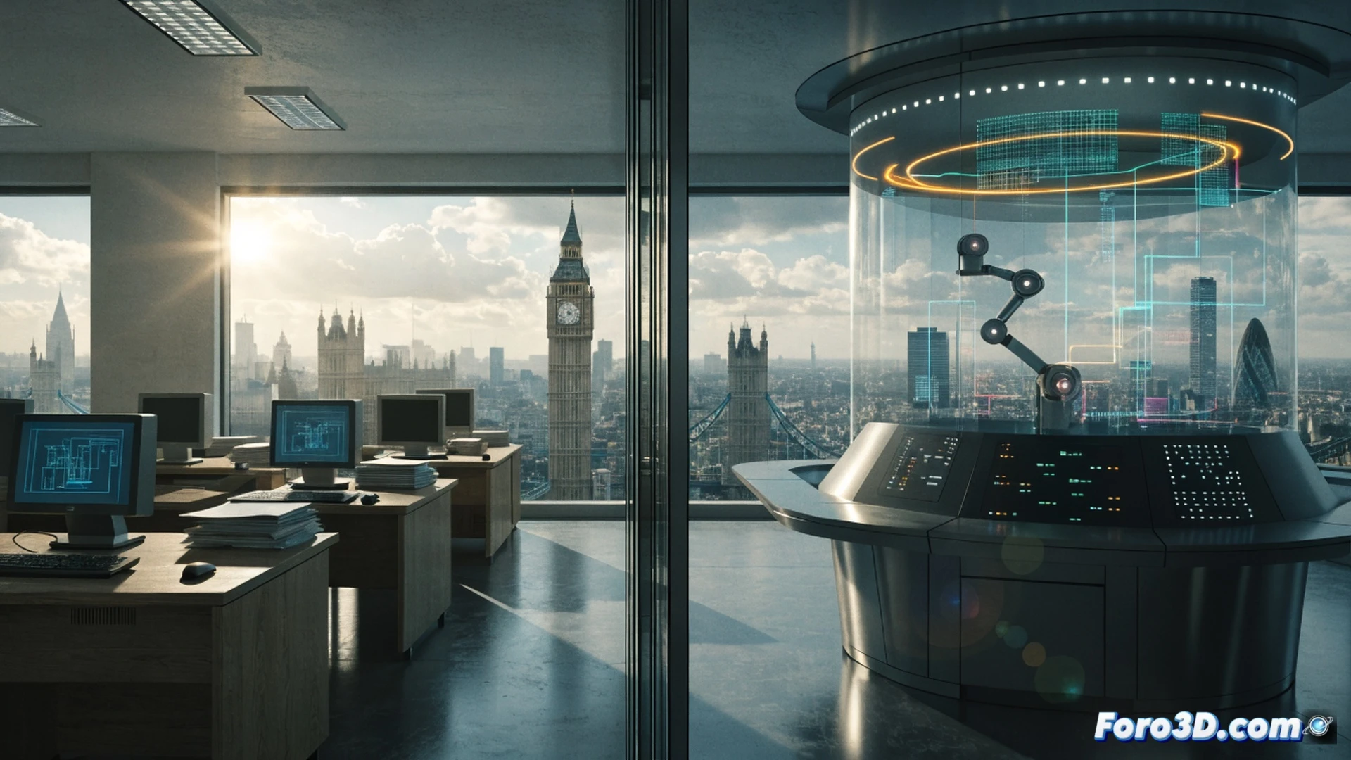 office environment showing a mid-career employee using a tablet while a holographic AI interface displays data analytics and automation workflows, surrounded by colleagues engaged in digital training, computer screens visible with machine learning dashboards and code, robotic arms in background handling paperwork, photorealistic corporate setting, cool blue and white lighting, focus on reskilling action, technical illustration style, clean modern furniture, glowing skill metrics on holographic panels, dramatic contrast between human effort and automated processes