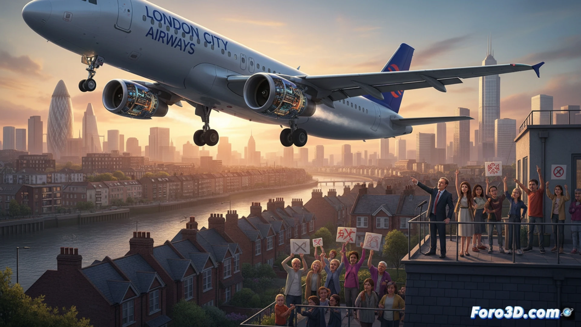 Airbus A320neo descending at steep angle over London City Airport runway, aircraft low over residential rooftops, noise waves visualized as glowing orange rings radiating from engines, sound pressure levels shown as red contour lines hitting houses below, wing flaps fully extended during steep approach, engine nacelles with vibration patterns, residents in gardens covering ears, political protest signs on balconies, cinematic photorealistic technical illustration, dramatic sunset sky with contrails, ultra-detailed urban aviation scene, environmental impact visualization, realistic aircraft geometry with landing gear deploying