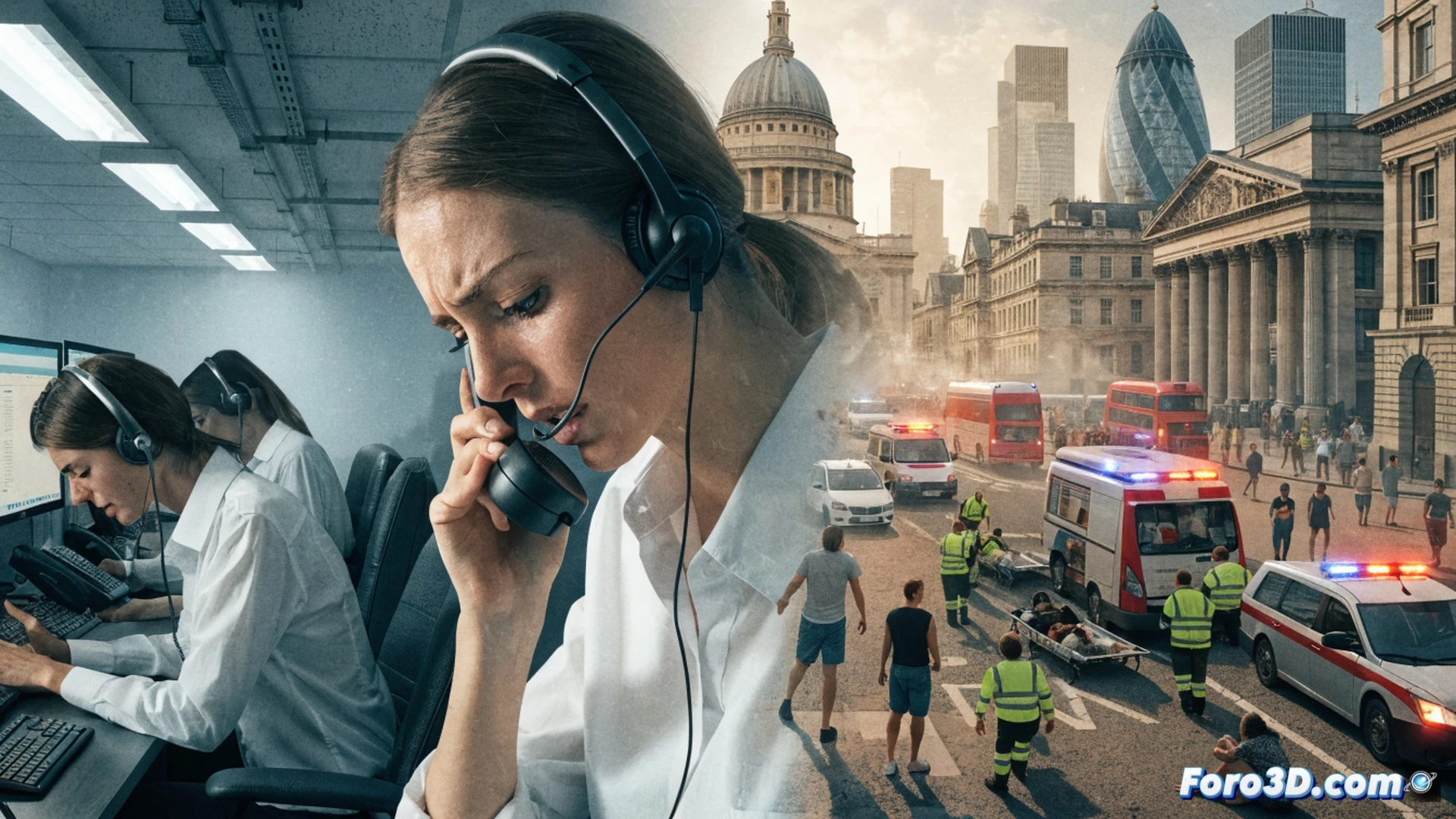 London ambulance dispatch center during heatwave crisis, multiple emergency call operators handling phones and screens, real-time GPS tracking of ambulances on digital maps, red alert indicators flashing on monitors, paramedics rushing to load a stretcher into an ambulance outside, heat haze distorting the city skyline through windows, sweat on brows, urgent hand gestures, cinematic photorealistic style, dramatic emergency lighting, high contrast shadows, visible stress in body language, technical equipment like defibrillators and oxygen tanks in foreground, chaotic but coordinated action