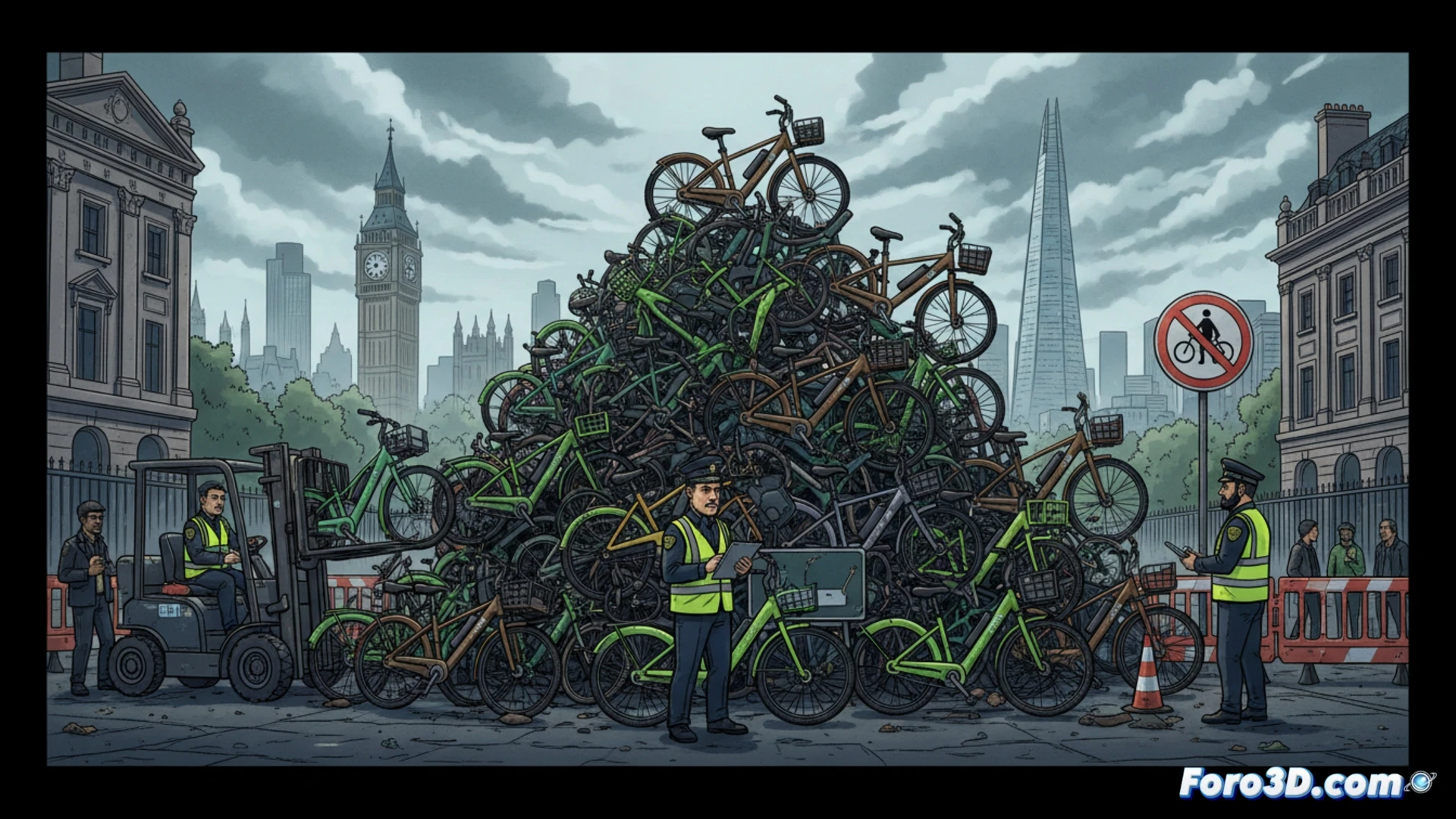 Photorealistic street scene in Kensington, London, showing a council worker using a hydraulic lift to load a Lime e-bike onto a flatbed truck while a pedestrian walks past on the crowded sidewalk, another e-bike lying sideways on the pavement with its kickstand broken, yellow warning tape around a bike rack, dramatic overcast lighting, wet asphalt reflecting city lights, ultra-detailed urban textures, cinematic documentary style, clear demonstration of enforcement action during peak foot traffic hours