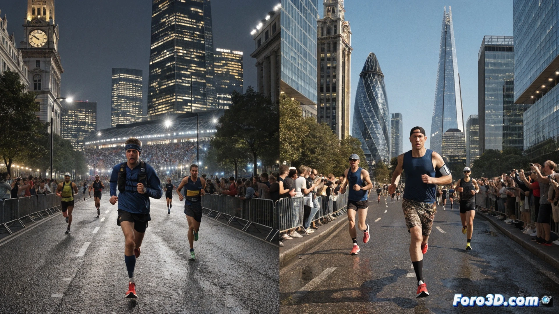 London marathon route transformation, two-day event infrastructure expansion, aerial view showing double-width starting corral with 100,000 runners split across Saturday and Sunday, digital timing mats and LED countdown displays at start line, crowd control barriers with charity banners, runners in motion during race start, cinematic engineering visualization, photorealistic urban landscape with iconic London landmarks in background, dramatic morning light, detailed crowd simulation, flowing river of colorful athletic wear, technical event logistics demonstrated through precise geometric layout, wide-angle perspective capturing scale