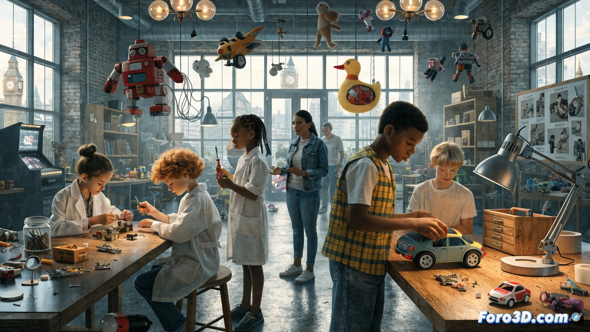 Niños en un taller escolar de Londres desarmando juguetes rotos con destornilladores y pinzas, mostrando el proceso de reparación sobre una mesa de madera llena de piezas de plástico, engranajes y resortes, mientras un adulto guía la reconstrucción de un camión de juguete, fondo con estanterías de herramientas y carteles de reciclaje, luz natural de ventana, estilo cinematográfico fotorrealista, alta definición, enfoque nítido en manos y componentes mecánicos, ambiente educativo y sostenible.