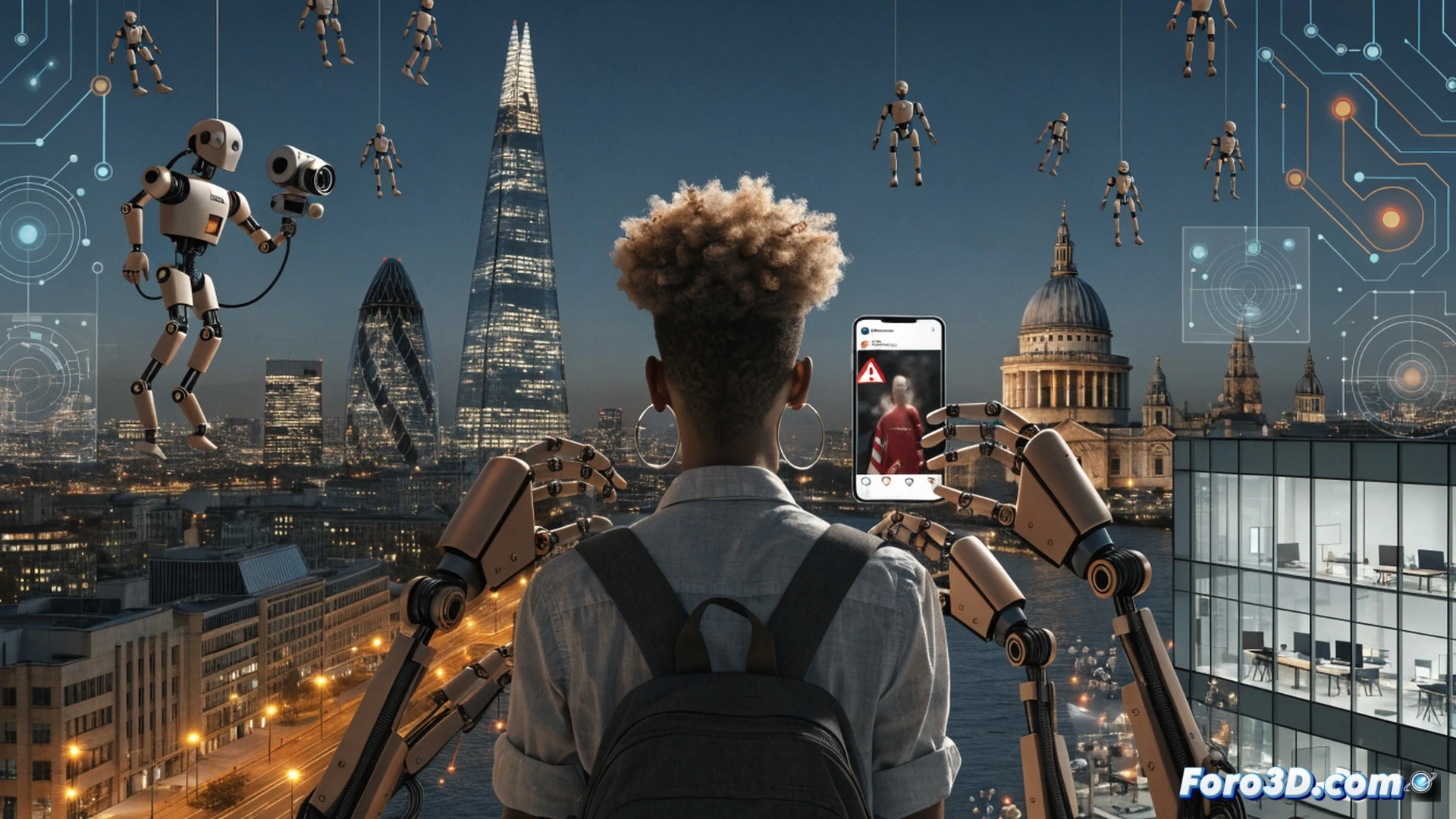 cinematic wide shot of London Eye and Tower Bridge partially obscured by a swarm of glowing smartphone screens floating like debris, each screen displaying distorted headlines and red warning icons, a digital abacus with broken beads counting down from 7 million pounds, a tourist holding a tablet showing a safe route while a shadowy figure in a hoodie swipes away fake news alerts, photorealistic urban scene with neon blue and amber light pollution, motion blur on scattered social media logos, dramatic low-angle lighting, ultra-detailed cobblestone reflections, technical visualization of misinformation as glitchy particles