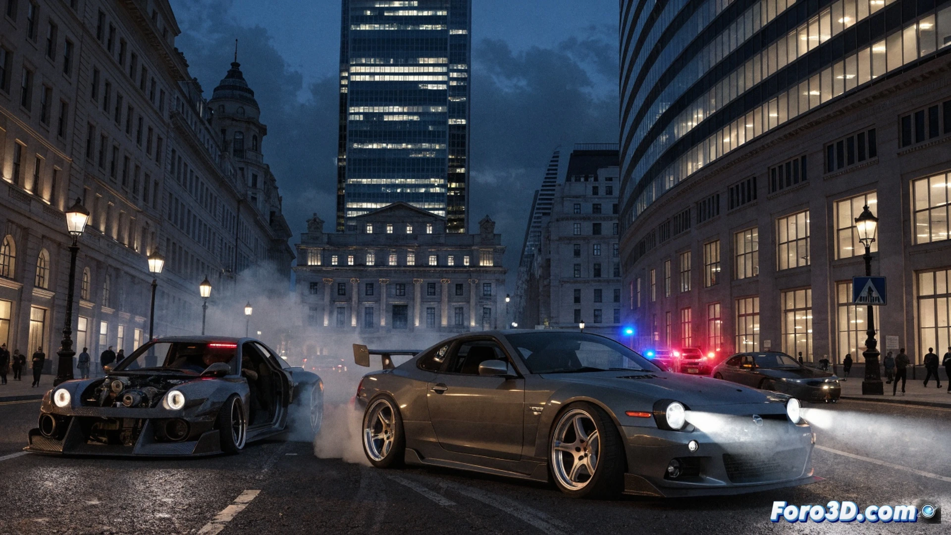 black sports car performing a donut maneuver on wet asphalt at night, tyre smoke rising in thick clouds, blurred city lights of Hyde Park and West End in background, orange street lamps reflecting on the car hood, police patrol vehicle parked nearby with flashing blue lights, motion blur on spinning wheels, smoke particles illuminated by headlights, cinematic night photography style, photorealistic urban scene, dramatic shadows, high contrast, gritty asphalt texture, tyre friction marks visible, 8K detail
