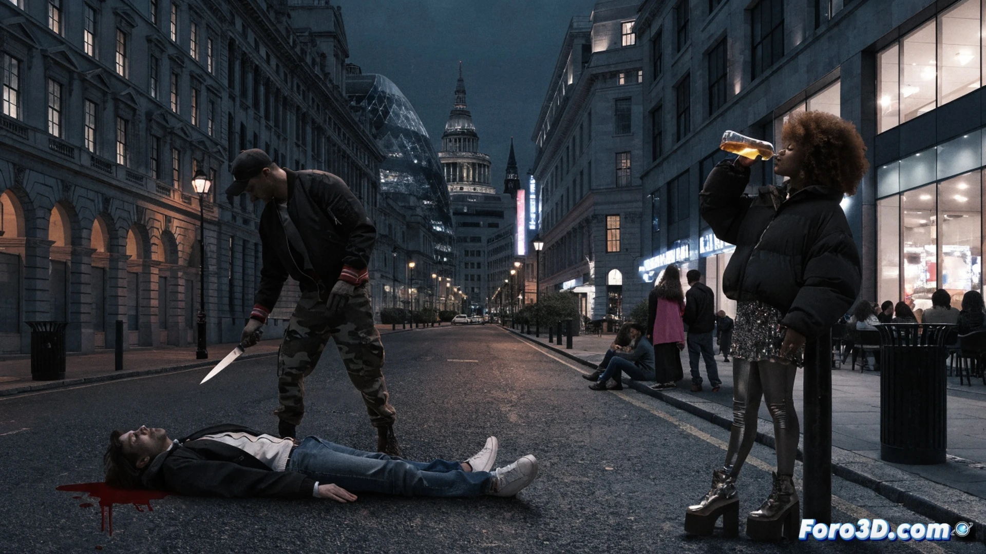 nighttime London street scene outside a nightclub, a group of young men aggressively shoving each other while holding beer bottles, broken glass on wet asphalt, a woman distressed on the ground, police officer standing passively nearby not intervening, neon signs reflecting in puddles, overflowing trash bins filled with empty alcohol containers, cinematic photorealistic style, dramatic low-angle shot, harsh street lighting, cold blue and red tones, hyperdetailed textures of brick walls and metal grilles, motion blur on fighting figures, rain streaks on camera lens, urban decay atmosphere