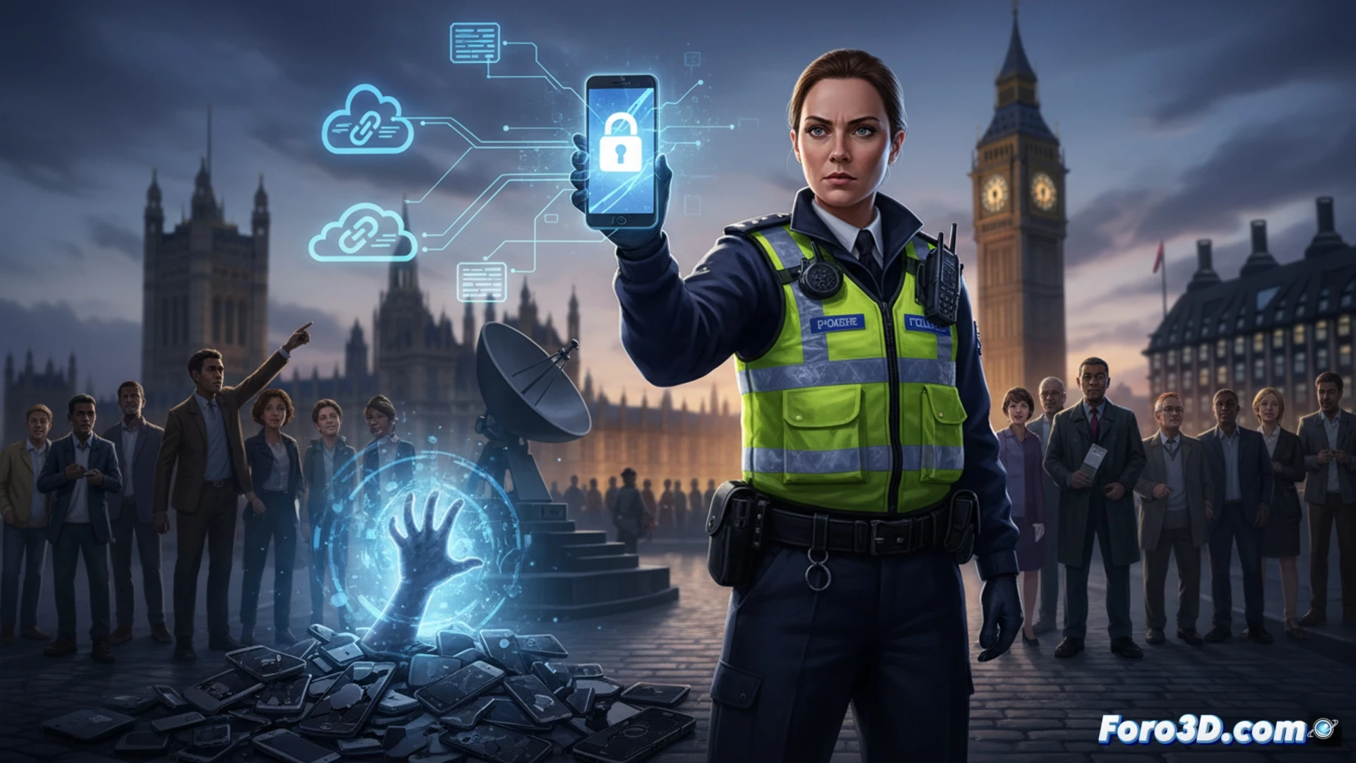 Close-up forensic scene: a police officer holding a recently stolen smartphone while a forensic technician uses a laptop connected to a mobile network analysis tool, demonstrating the remote blocking process. The phone’s screen shows a secure lockdown interface with a red lock icon, while a second phone lies on a metal table with its casing opened, revealing the SIM card tray and logic board. Technical illustration style, photorealistic, cool blue and grey tones, focused lighting on the devices and laptop screen, clean industrial lab background, evidence markers visible, sterile high-tech environment, detailed circuit traces on the exposed board.