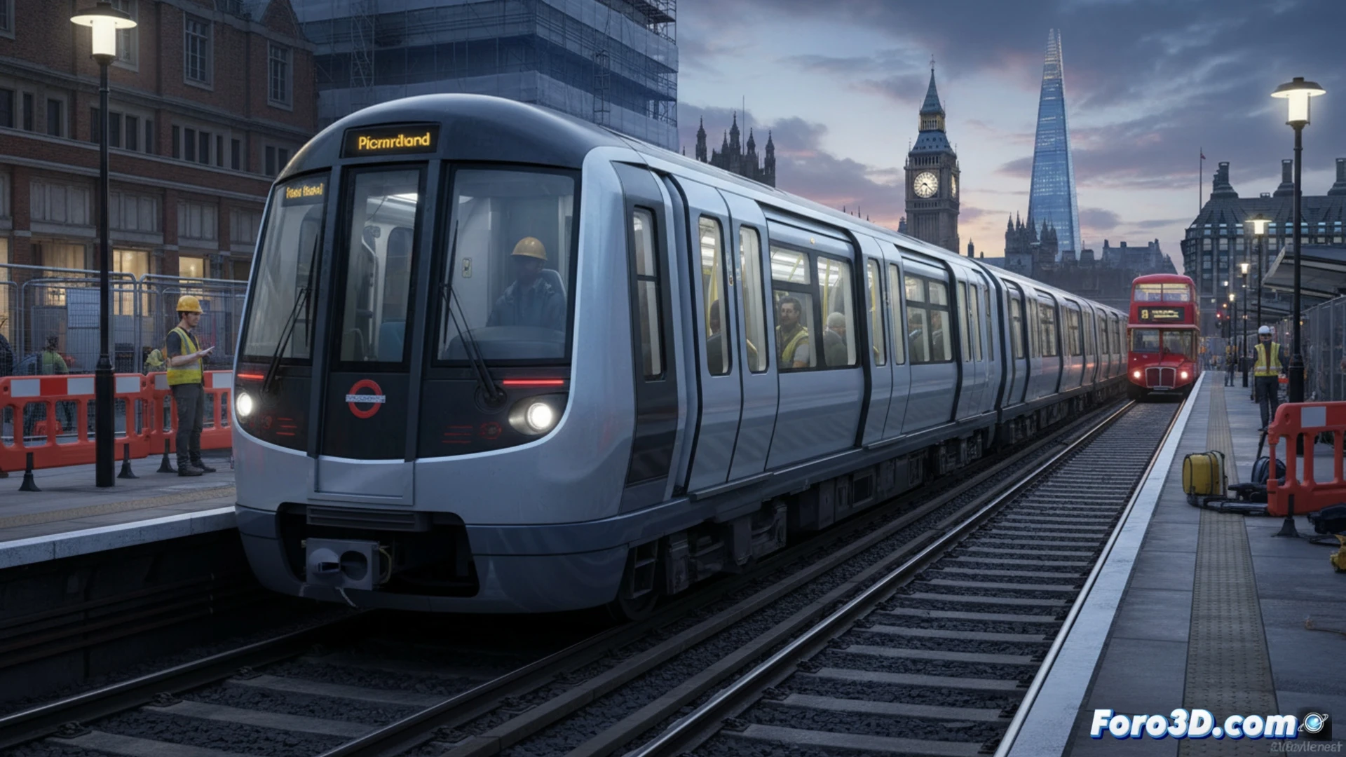 Modern Piccadilly Line train interior, rows of empty seats with visible air conditioning vents blowing cool air, engineers in high-vis vests adjusting digital control panels, weekend service disruption sign on platform outside window, tools and diagnostic cables on floor, cool blue ambient lighting, cinematic engineering visualization, photorealistic metallic surfaces, condensation trails from AC vents, motion blur of train standing still, ultra-detailed mechanical components, dramatic industrial lighting